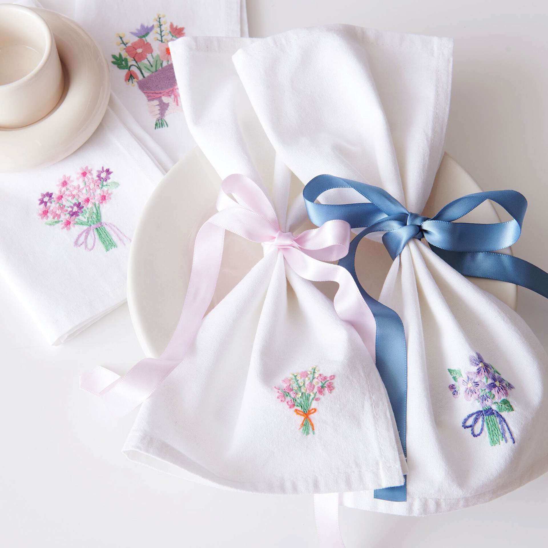 Rico Design Stick and Stitch Embroidery Kit - Pkg of 7, Bouquets completed napkin project