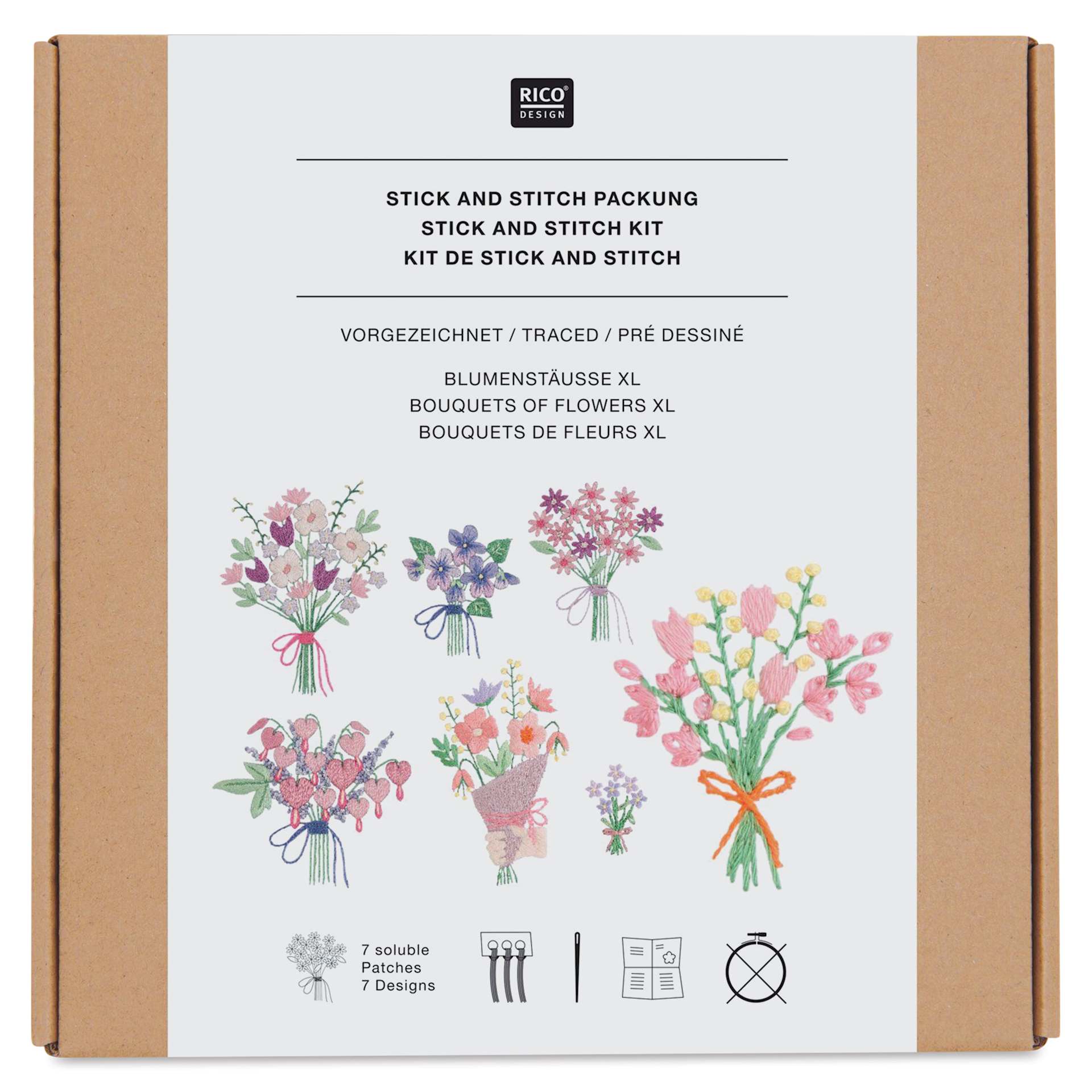 Rico Design Stick and Stitch Embroidery Kit - Pkg of 7, Bouquets