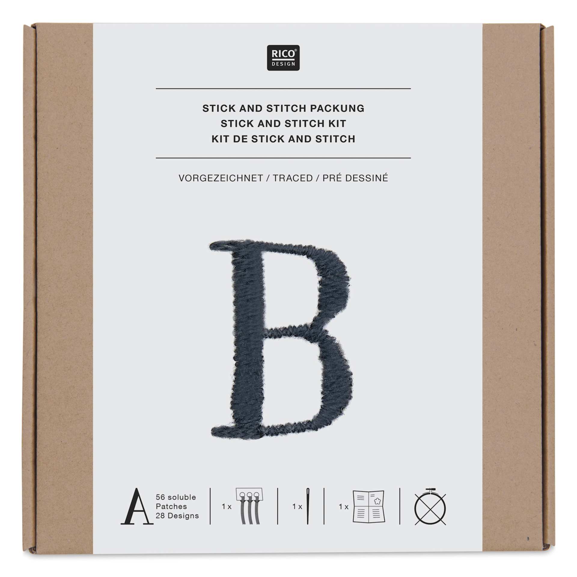 Rico Design Stick and Stitch Embroidery Kit - Pkg of 56, Black Alphabet front of packaging