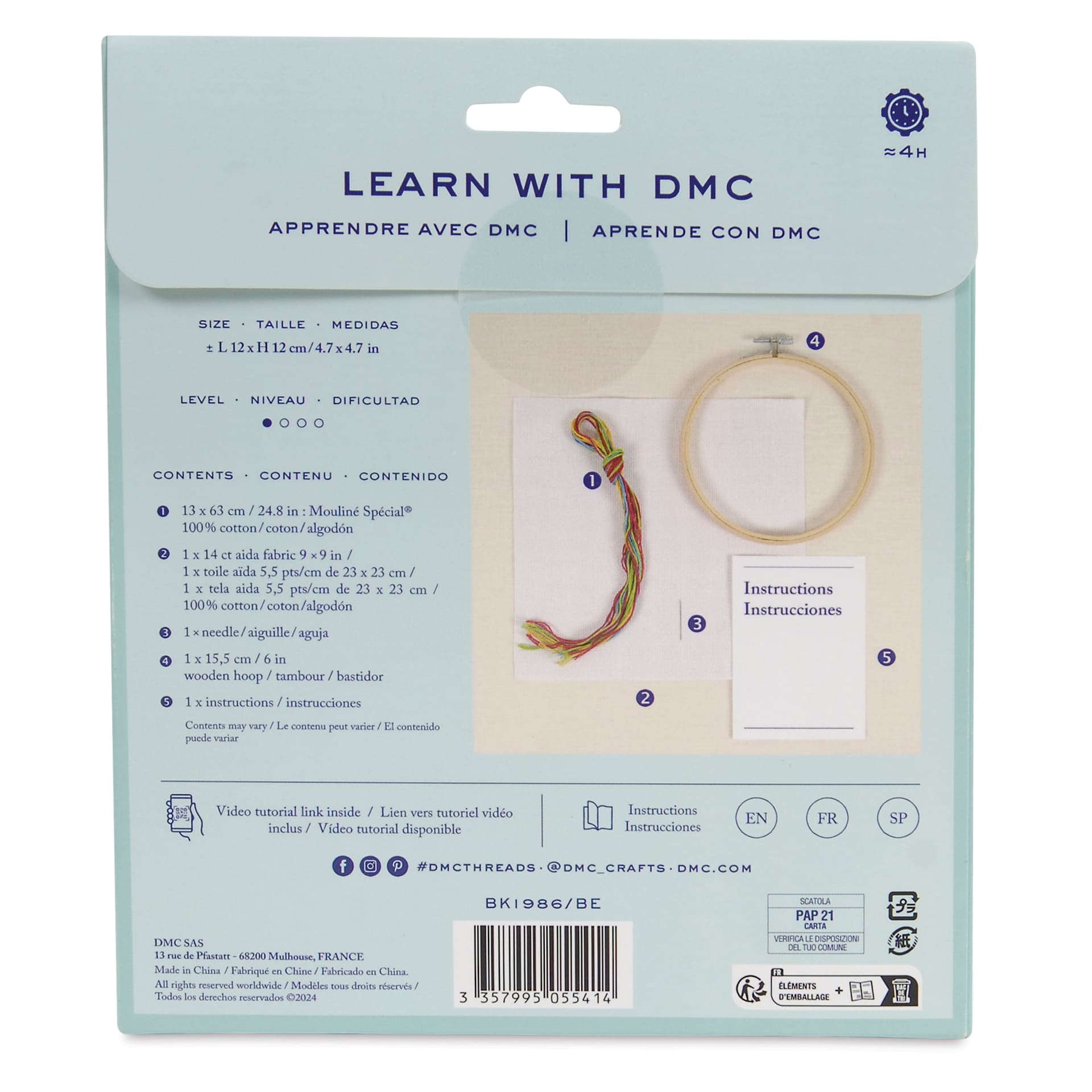 DMC Learning Cross Stitch Kit - back of packaging