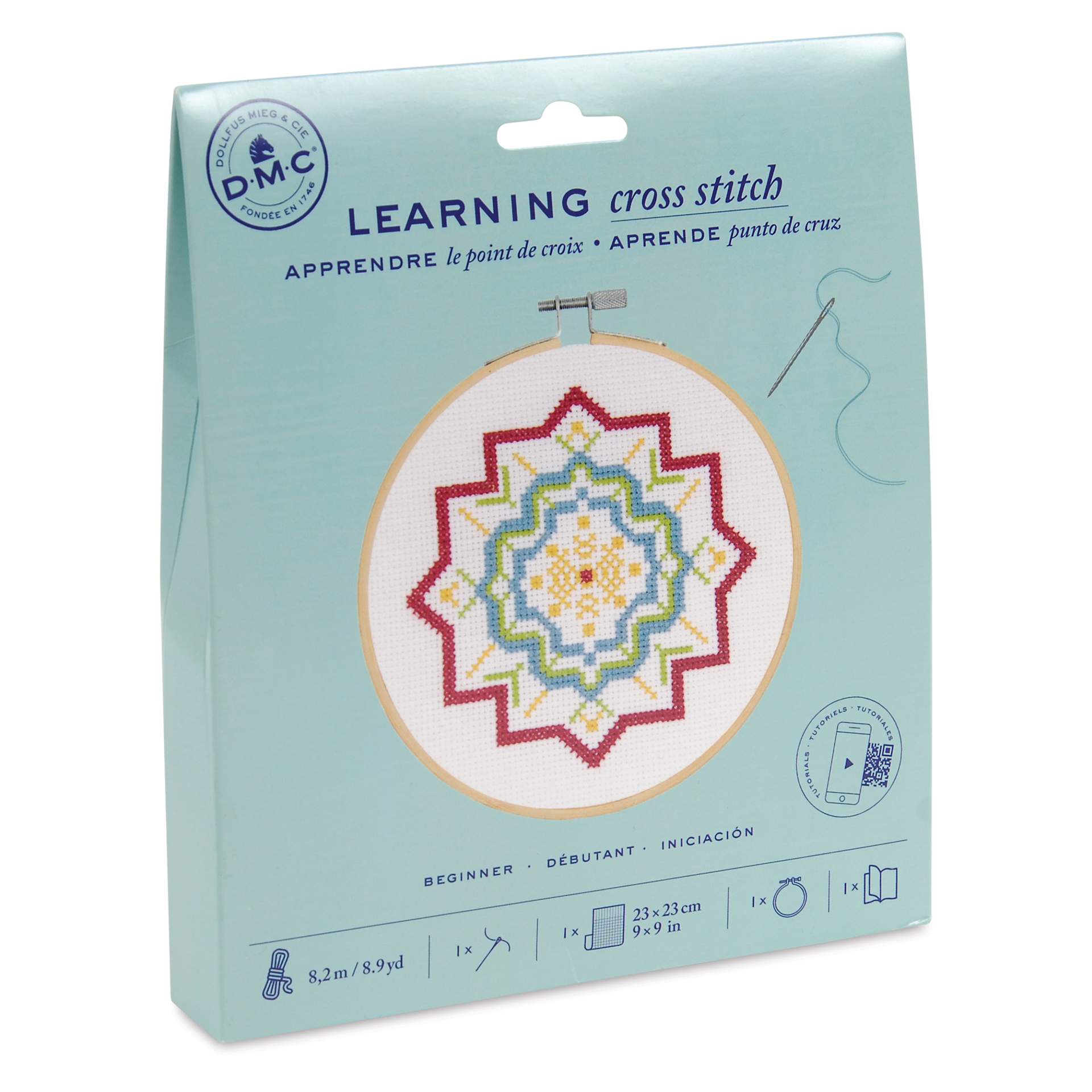 DMC Learning Cross Stitch Kit - front of packaging, angled