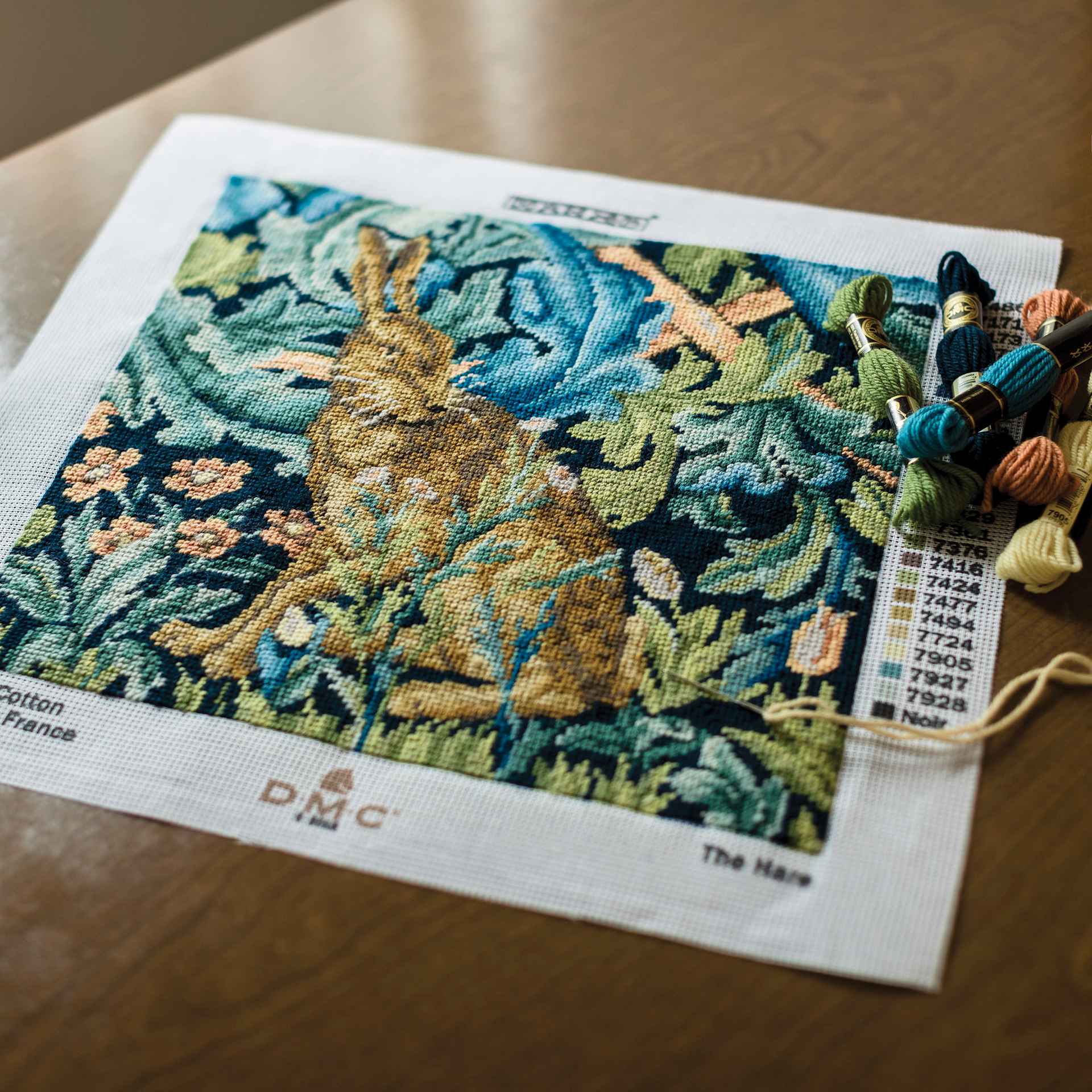 DMC The Museum Collection Tapestry Kit - “The Hare” by William Morris - contents on table