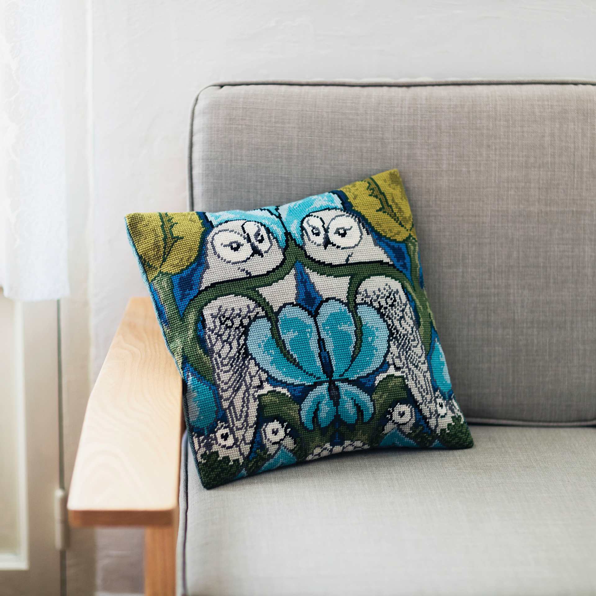 DMC The Museum Collection Tapestry Kit - “The Owl” by C.F.A. Voysey - finished example on pillow