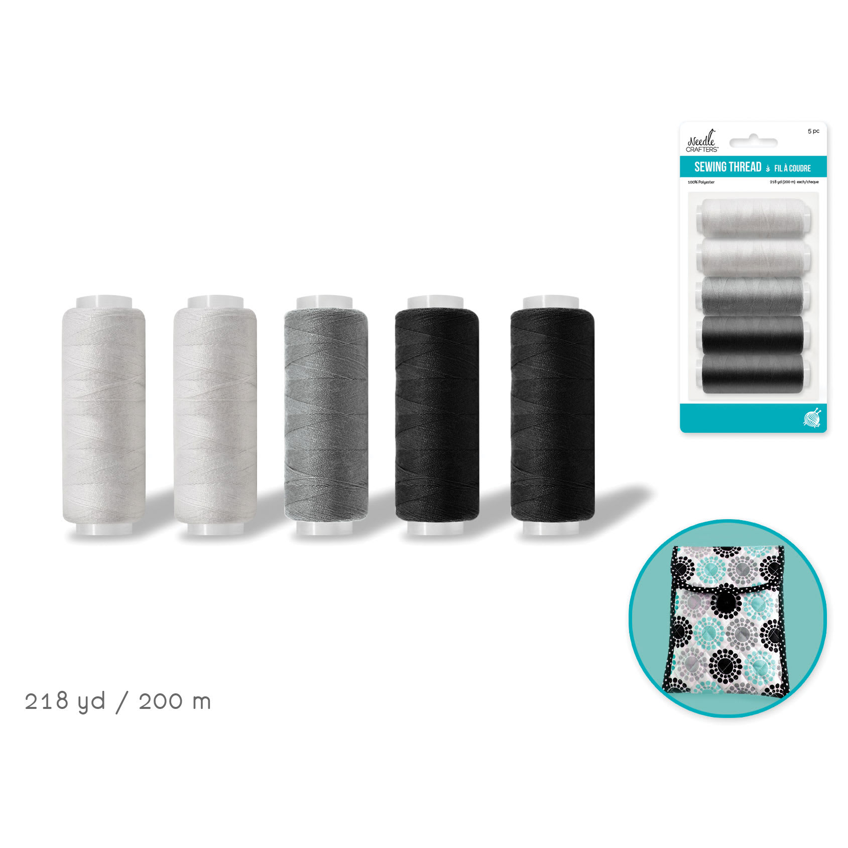 Needle Crafters Sewing Thread - Classic, 5 spools - with finished project