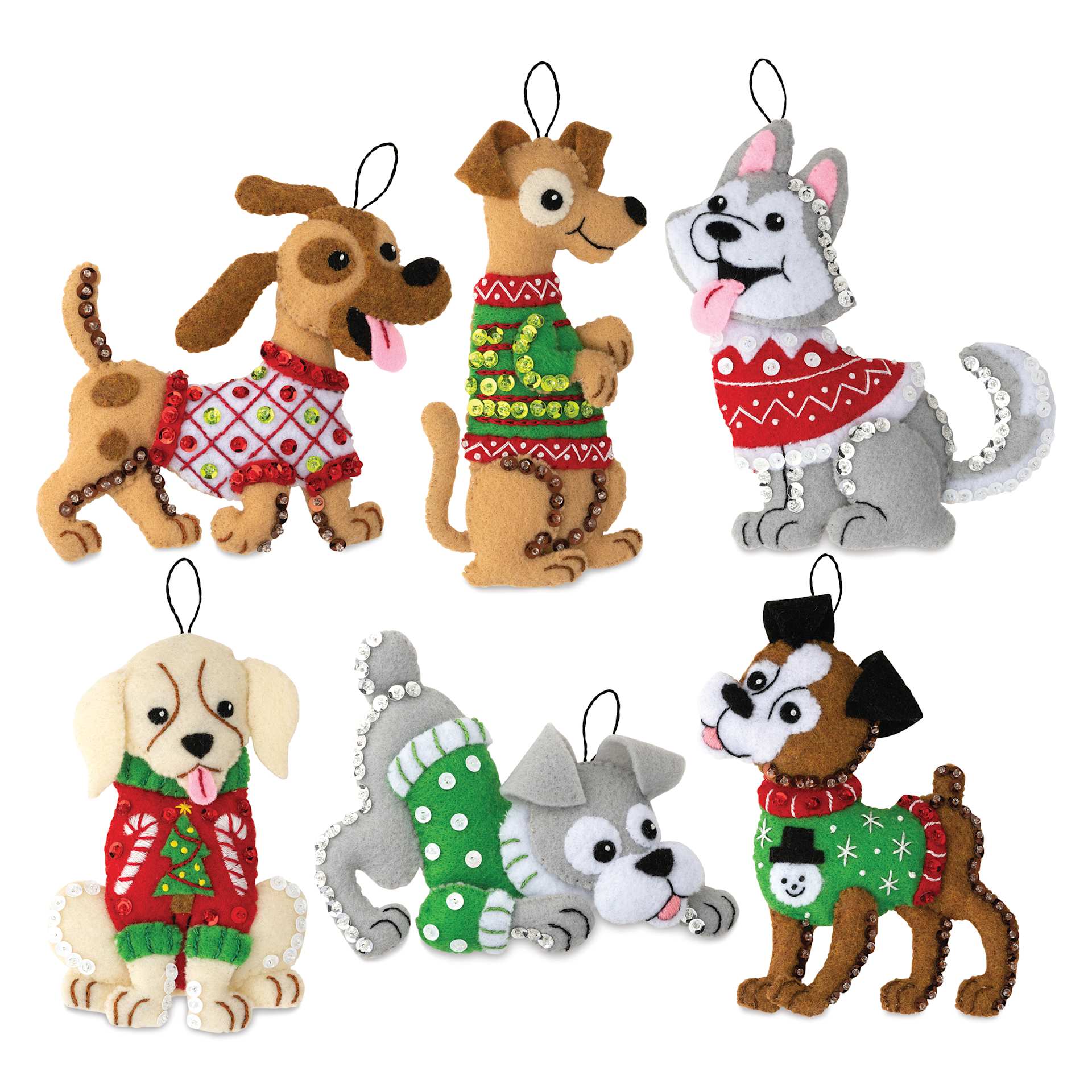 Bucilla Holiday Felt Ornament Kit - Dogs In Ugly Sweaters, six finished ornaments