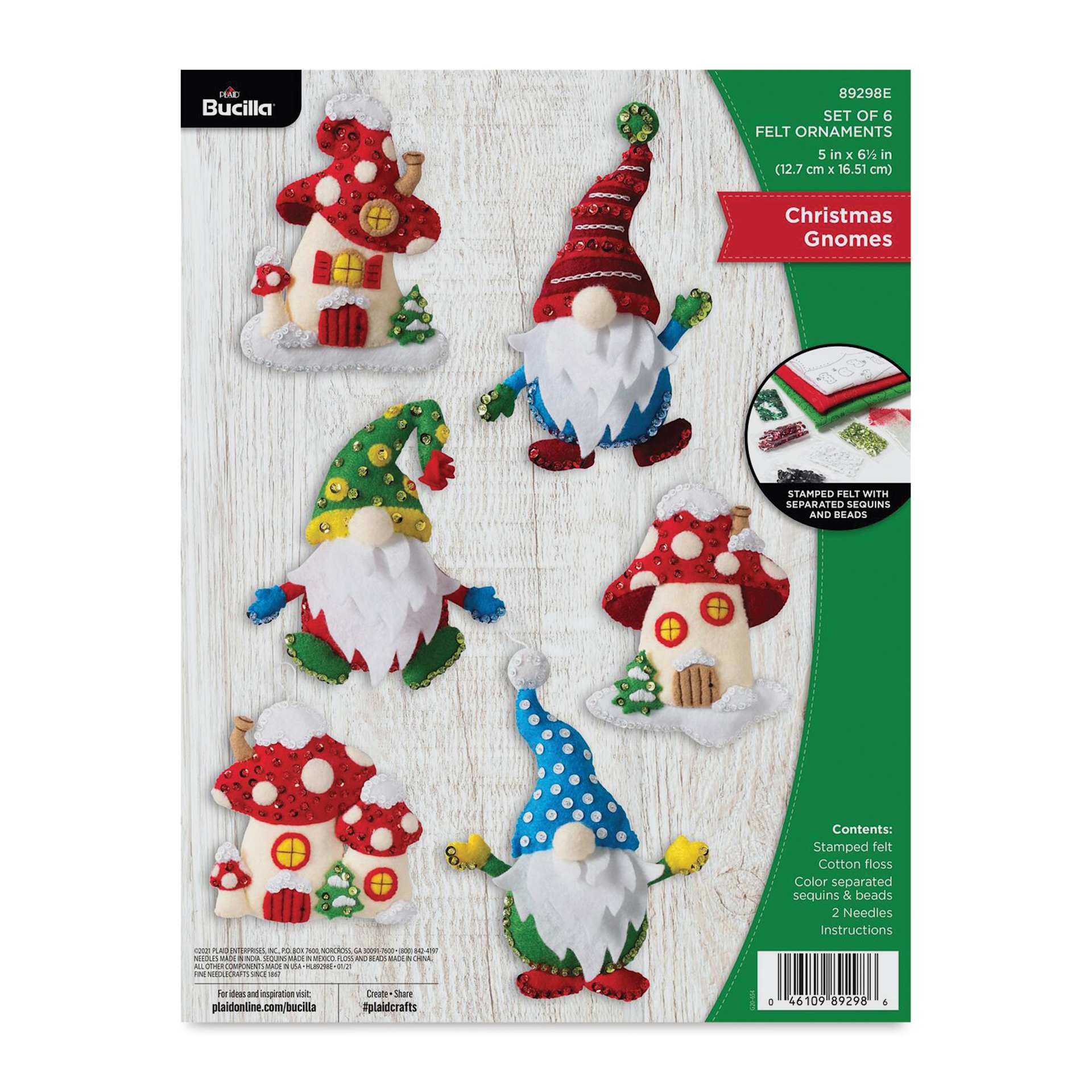 Bucilla Holiday Felt Ornament Kit - Christmas Gnomes, front of packaging
