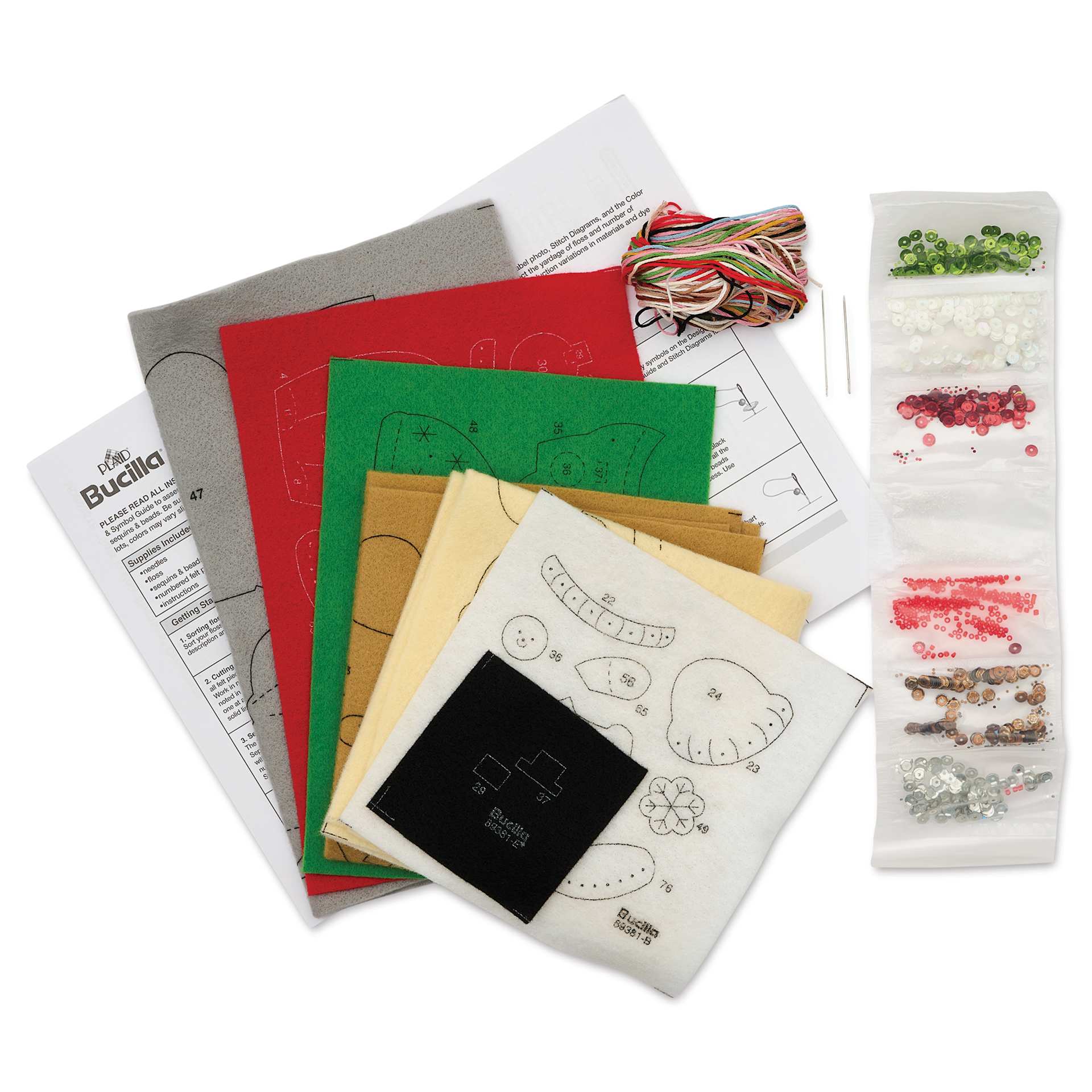 Bucilla Holiday Felt Ornament Kit - Cats In Ugly Sweaters, kit contents