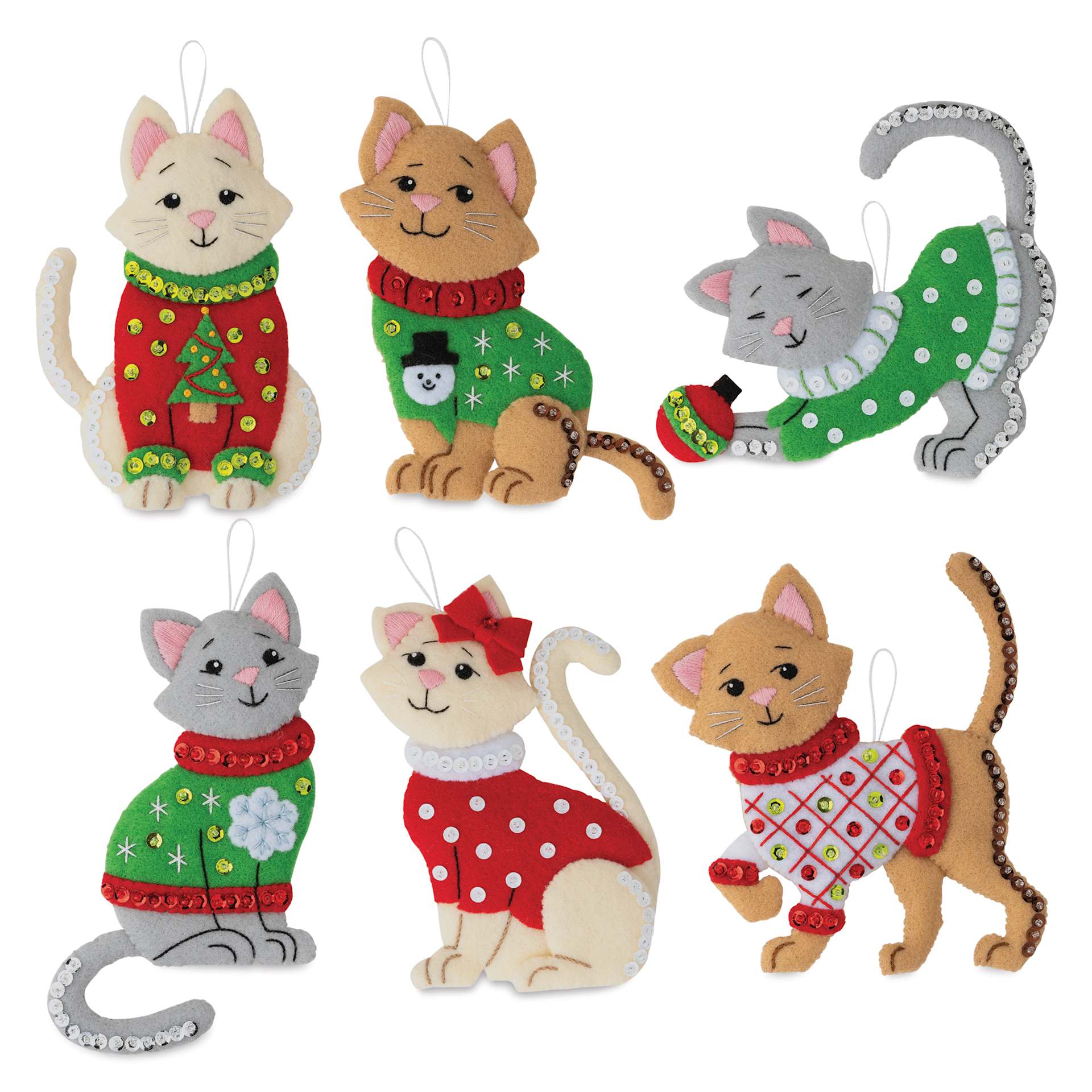 Bucilla Holiday Felt Ornament Kit - Cats In Ugly Sweaters, six finished ornaments
