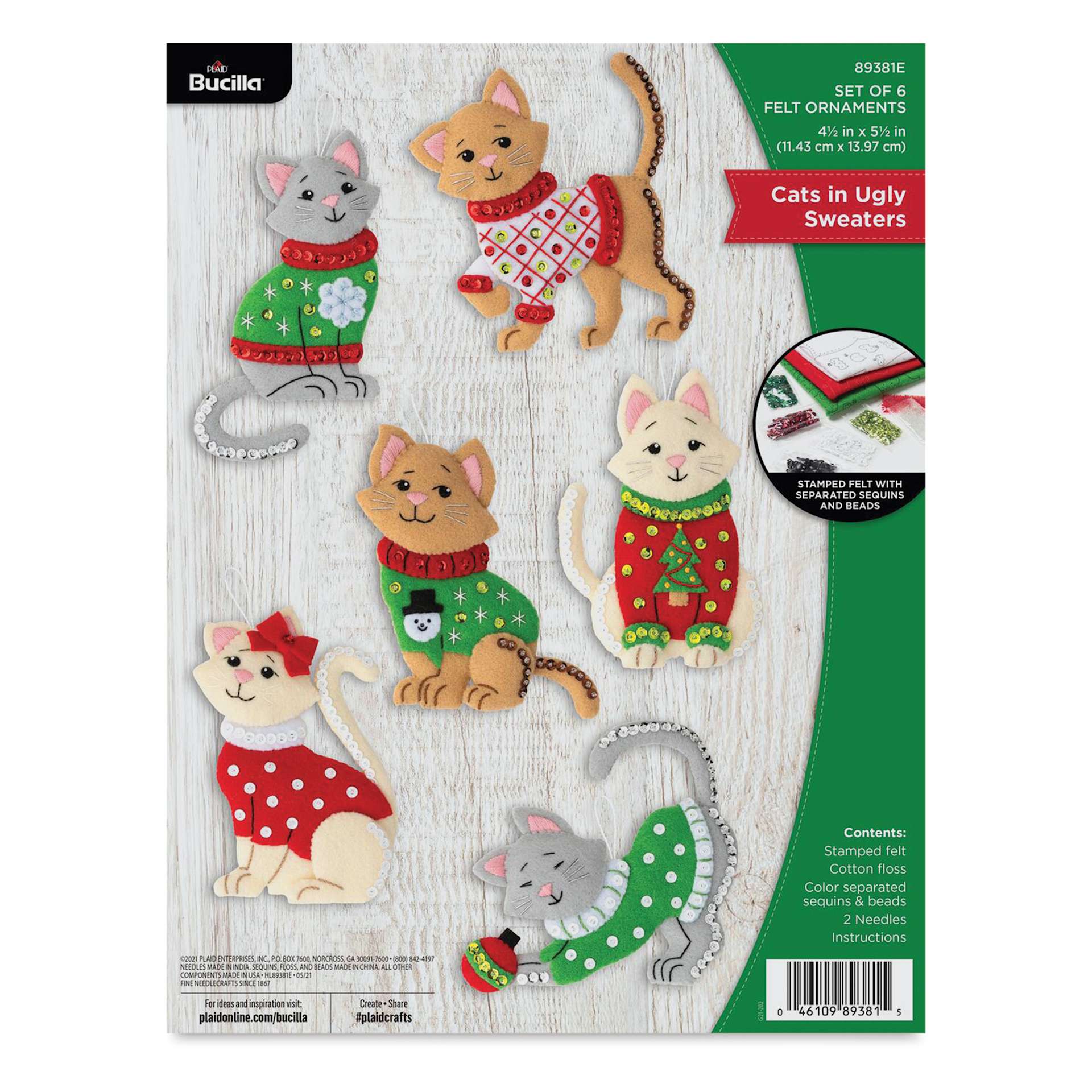 Bucilla Holiday Felt Ornament Kit - Cats In Ugly Sweaters, front of packaging