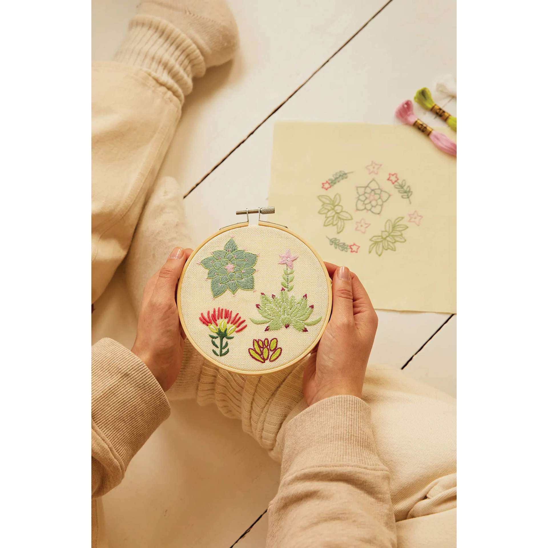 DMC Mindful Making Embroidery Duo Kit - Succulents - finished example in hand
