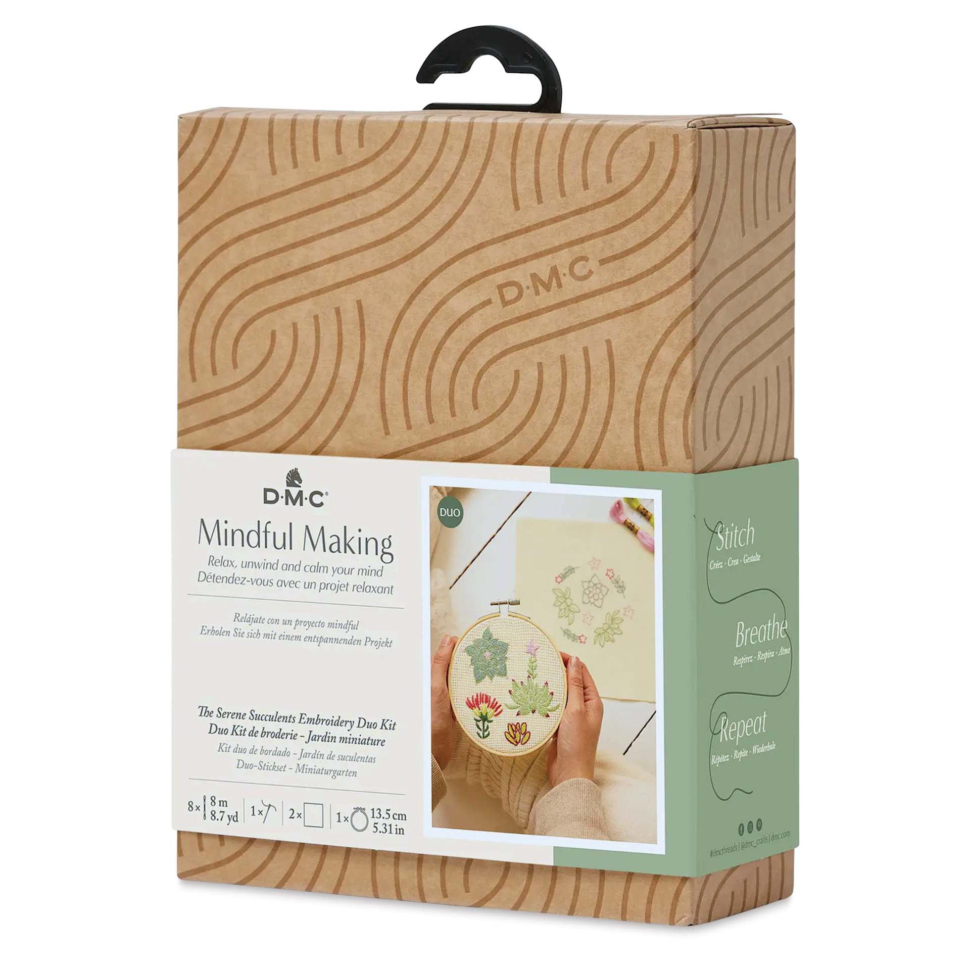 DMC Mindful Making Embroidery Duo Kit - Succulents - front of packaging, angled