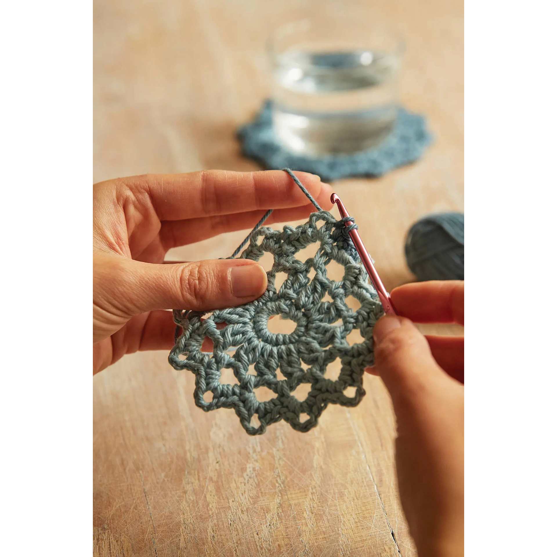 DMC Mindful Making Easy Crochet Mandala Coasters Kit - coaster in progress