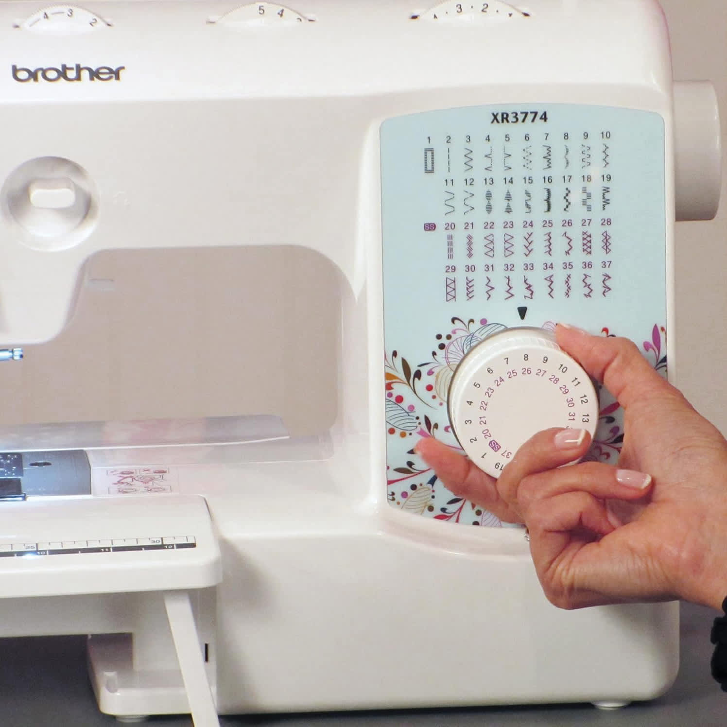 Brother XR3774 Sewing & Quilting Machine showing dial