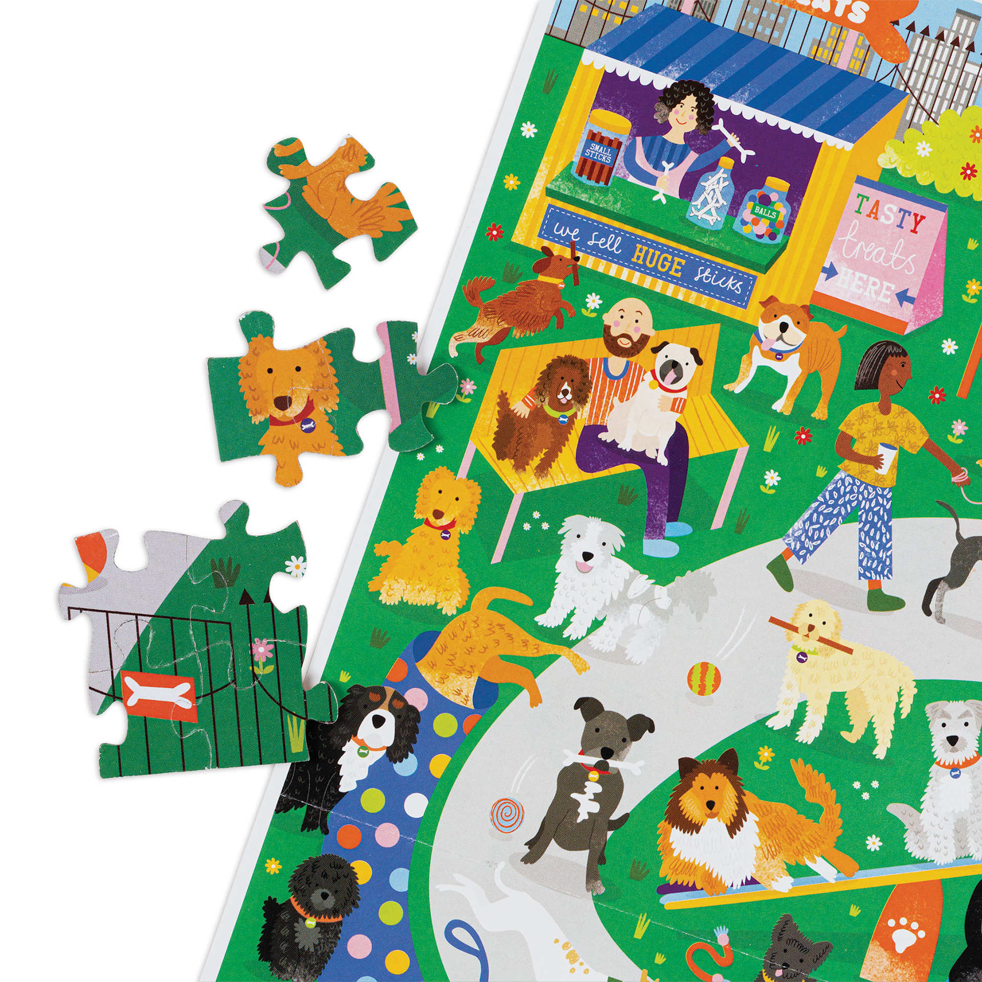 Professor Puzzle Cat Café & Dog Park 500 Piece Puzzle (Pieces in front of puzzle)