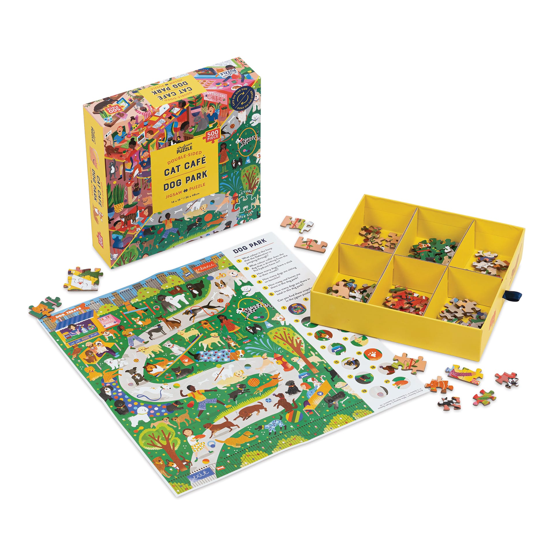Professor Puzzle Cat Café & Dog Park 500 Piece Puzzle (Assembled pieces in front of box)