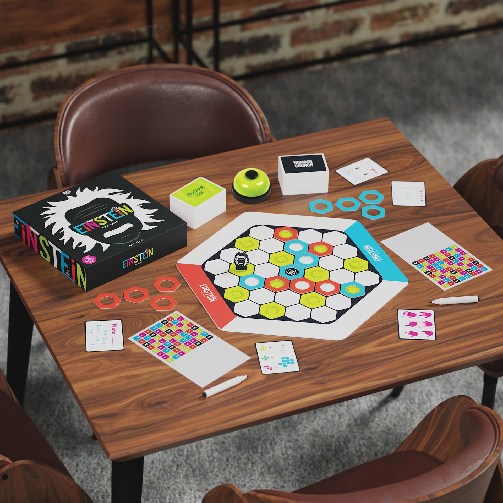 Professor Puzzle Einstein Board Game, contents on table