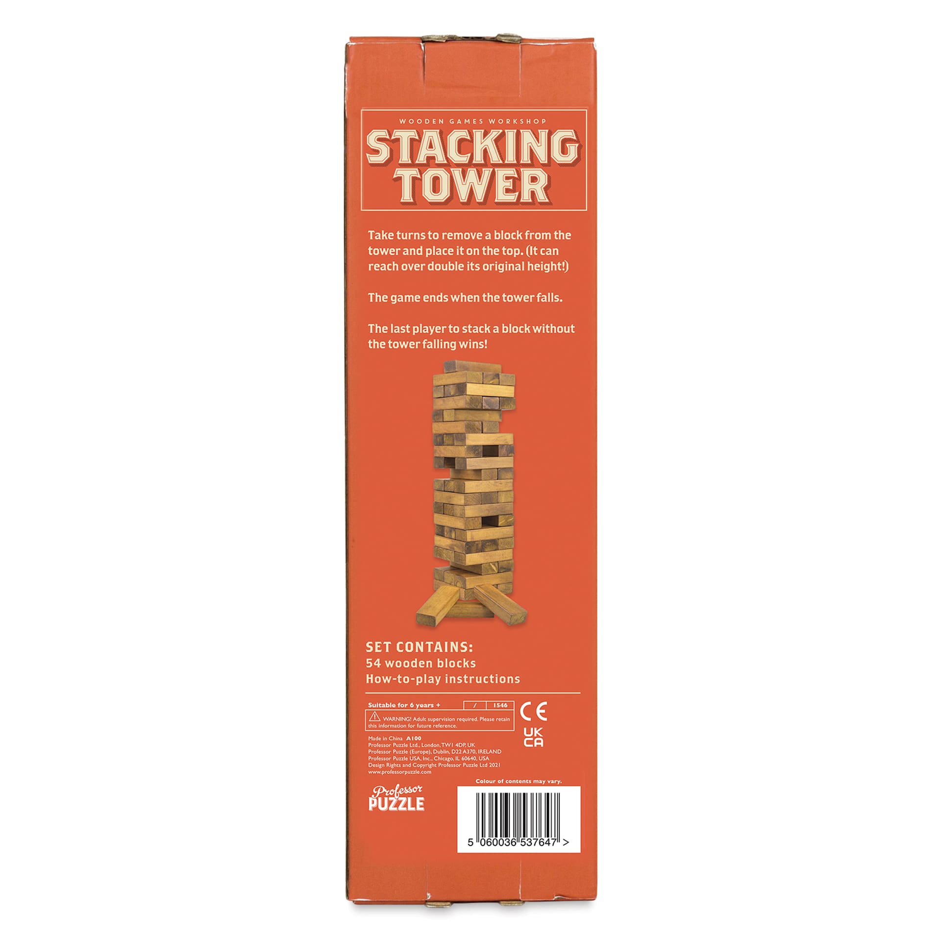 Professor Puzzle Wooden Toppling Tower Game, back of packaging