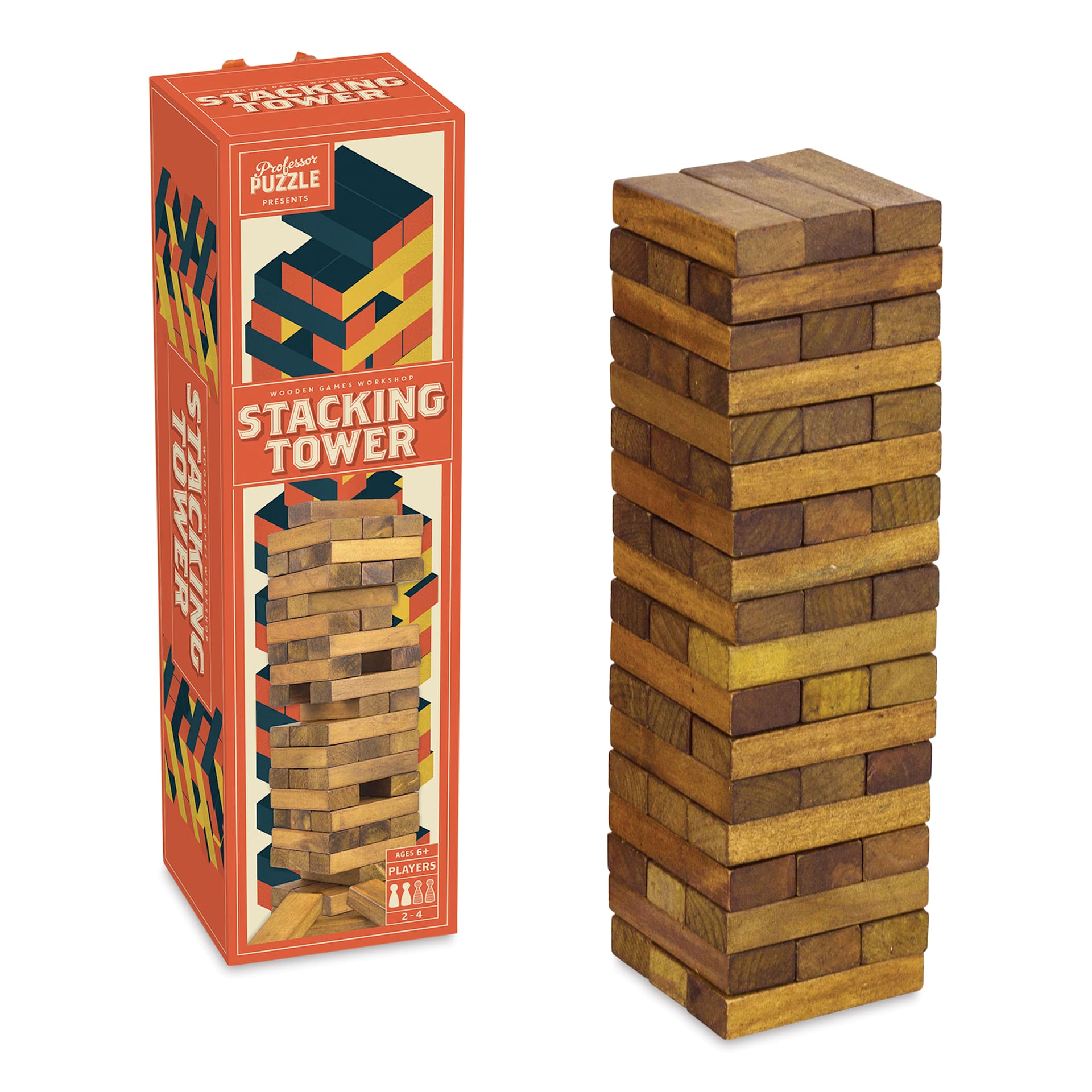 Professor Puzzle Wooden Toppling Tower Game, tower next to packaging