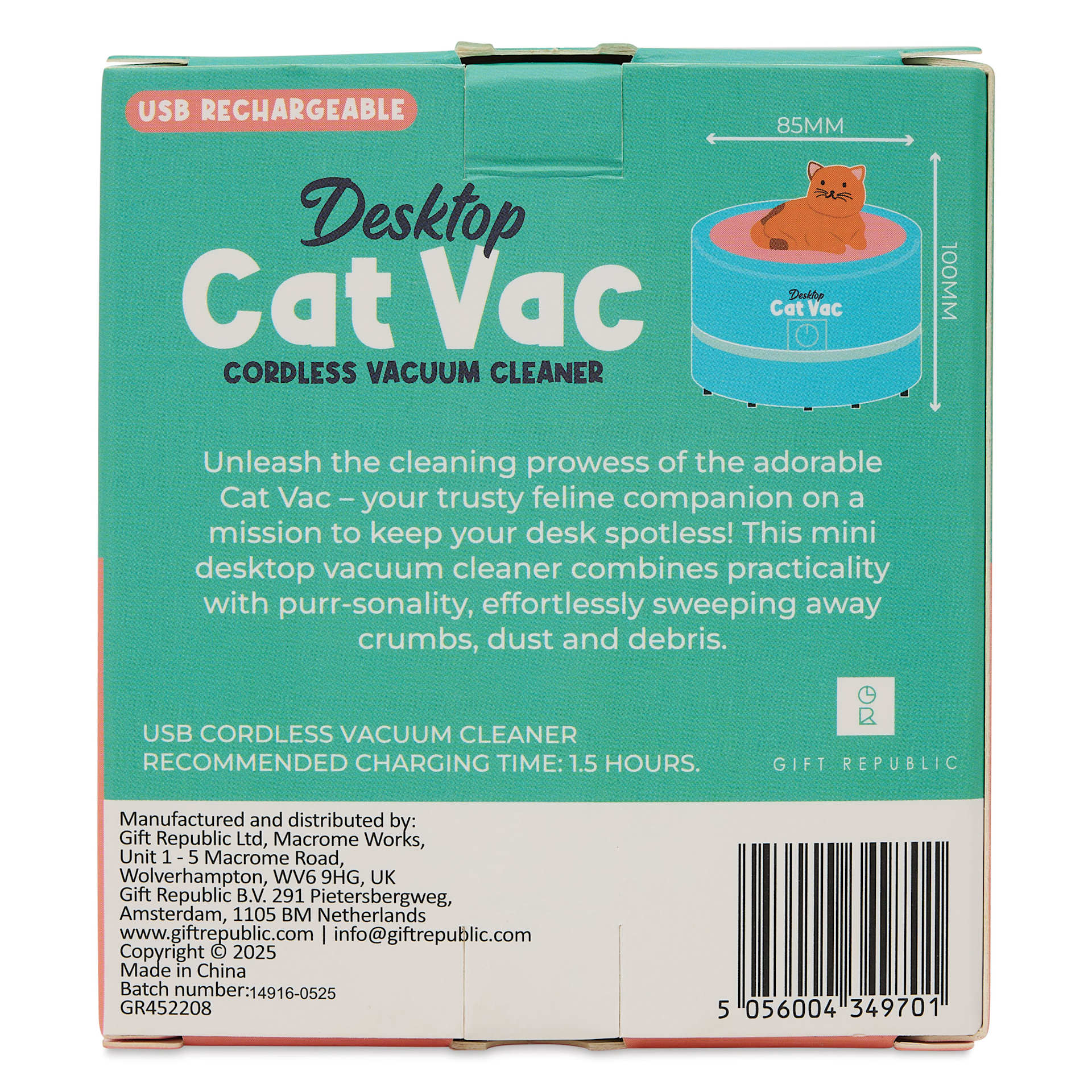 Gift Republic Desktop Cat Vac Cordless Vacuum Cleaner, back of packaging