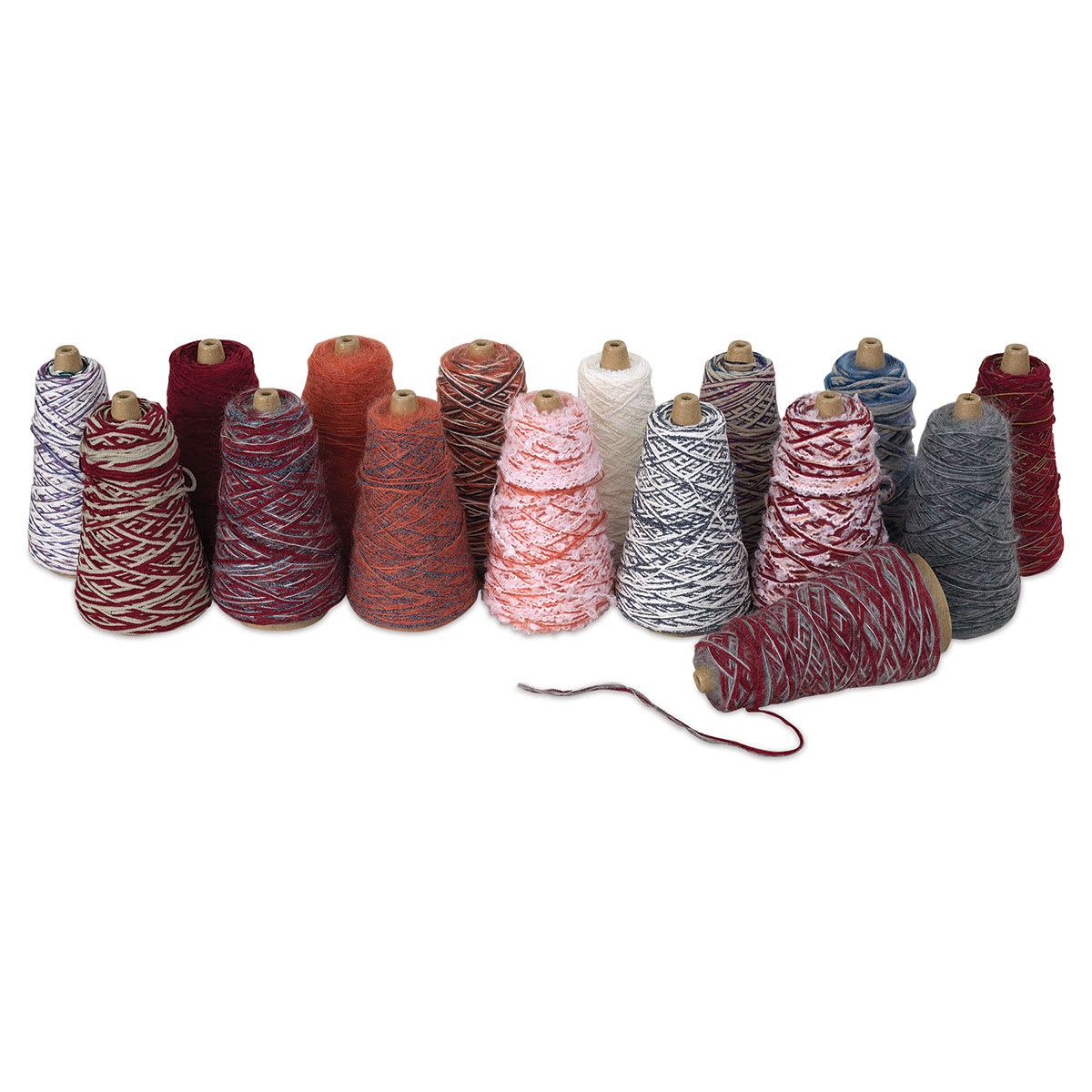 Trait-tex Assorted Novelty Yarn - 16 spools of Yarn in 2 rows with one on side in front
