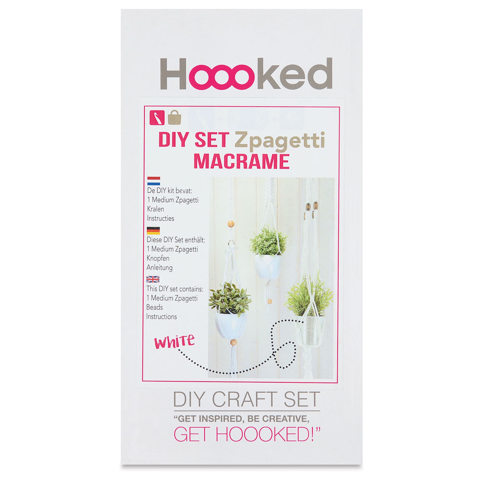 Hooked Zpagetti Macrame Hanging Basket Kit - White, front of packaging