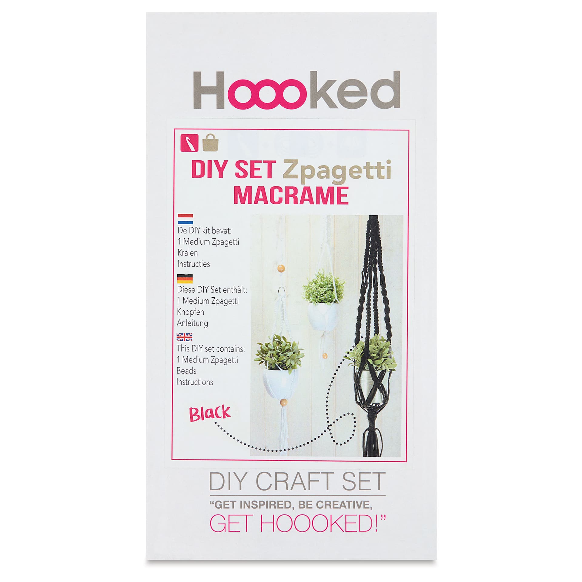 Hooked Zpagetti Macrame Hanging Basket Kit - Black, front of packaging