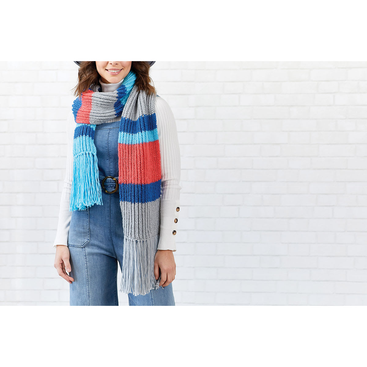 Red Heart Heat Wave Yarn - Model wearing Multi-color Scarf 