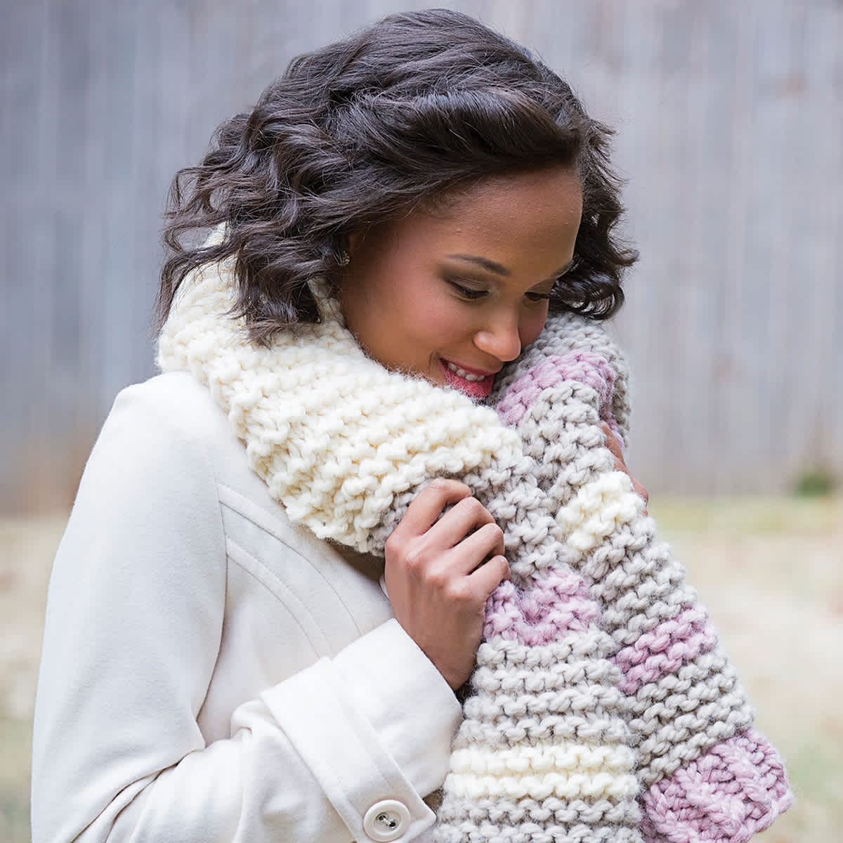 Premier Yarn So Woolly Yarn - Model wearing Knit Scarf