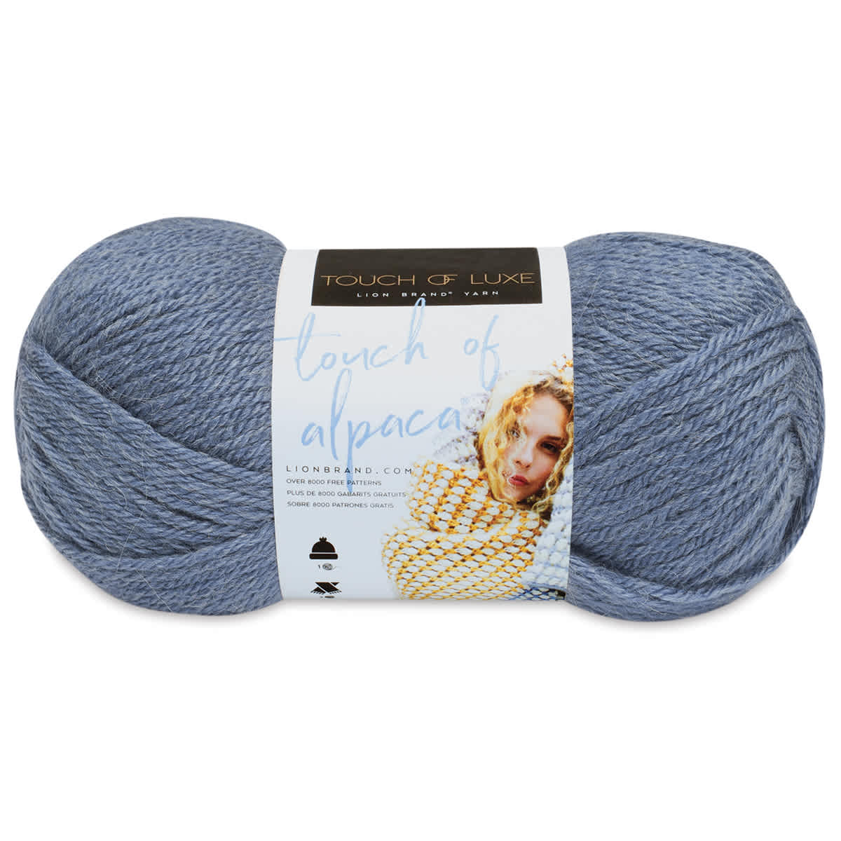 Lion Brand Touch of Alpaca Yarn - Dusty Blue ball with Label