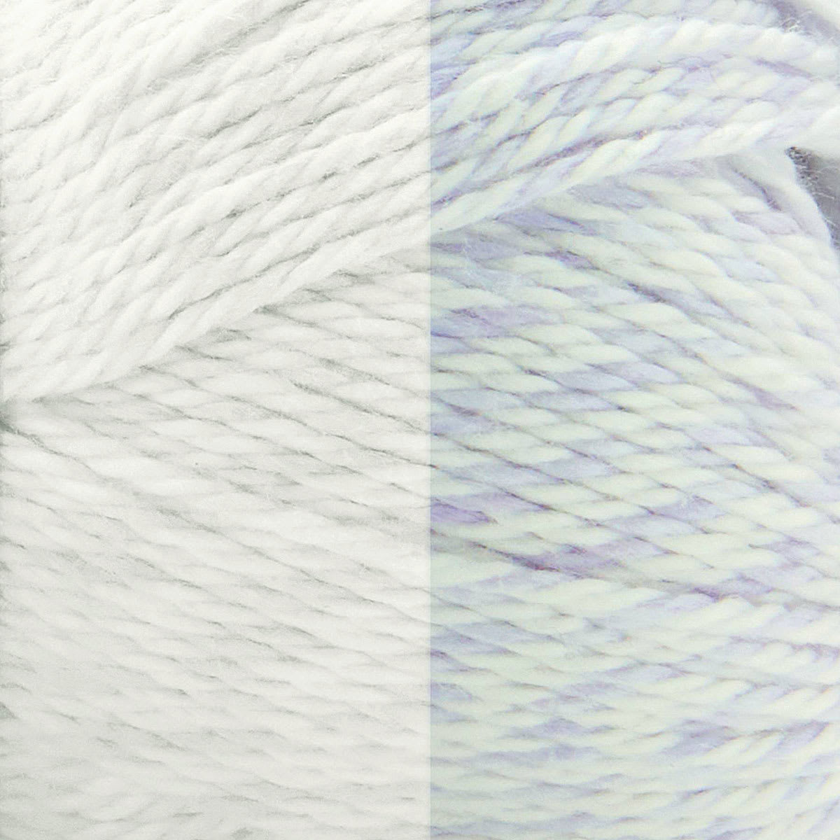 Premier Yarn Chameleon Yarn - White to Purple Multi, 229 yards (Close-up of yarn, Left side not exposed to sunlight, Right side exposed to sunlight)