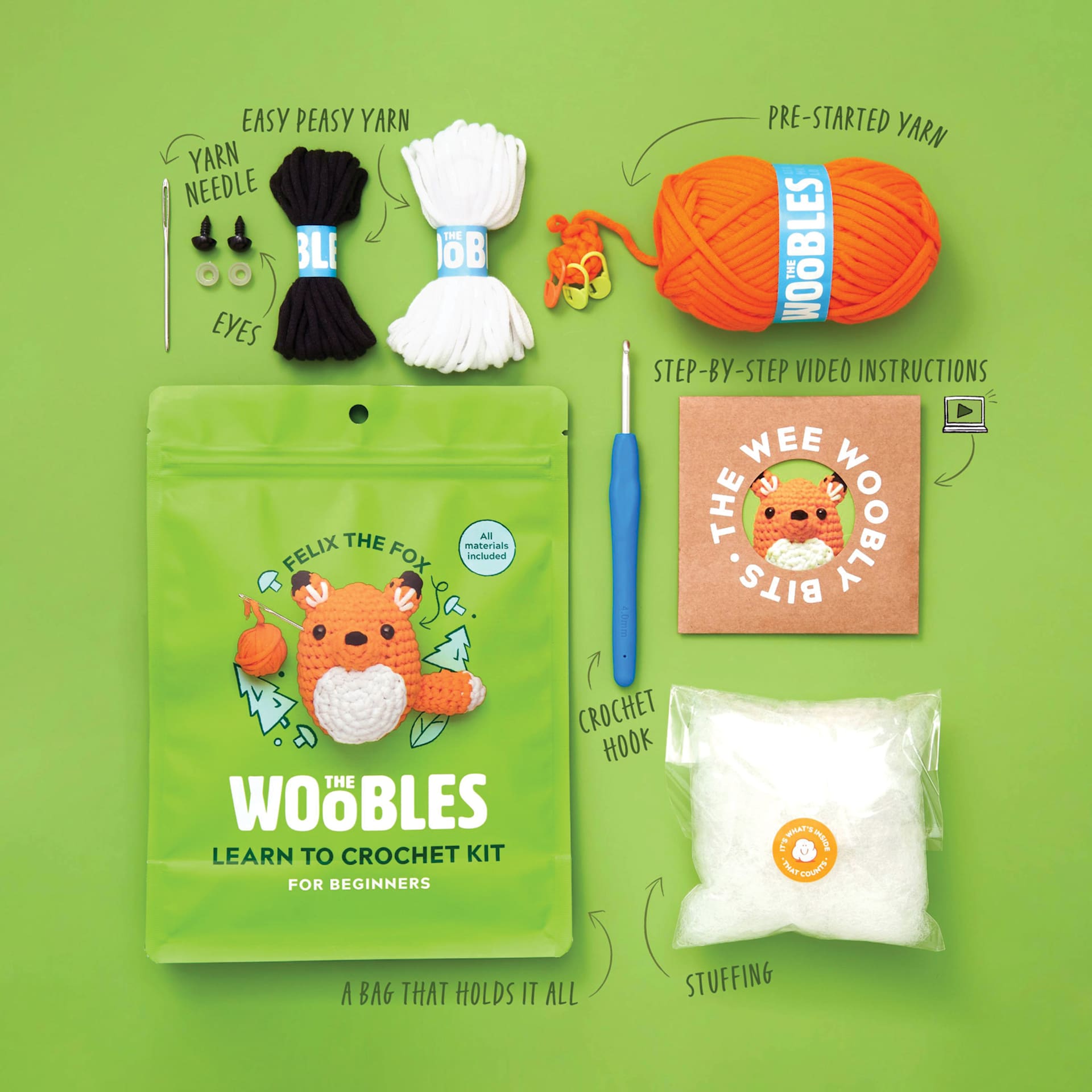 The Woobles Beginner Crochet Amigurumi Kit - Fox, labelled kit contents and packaging