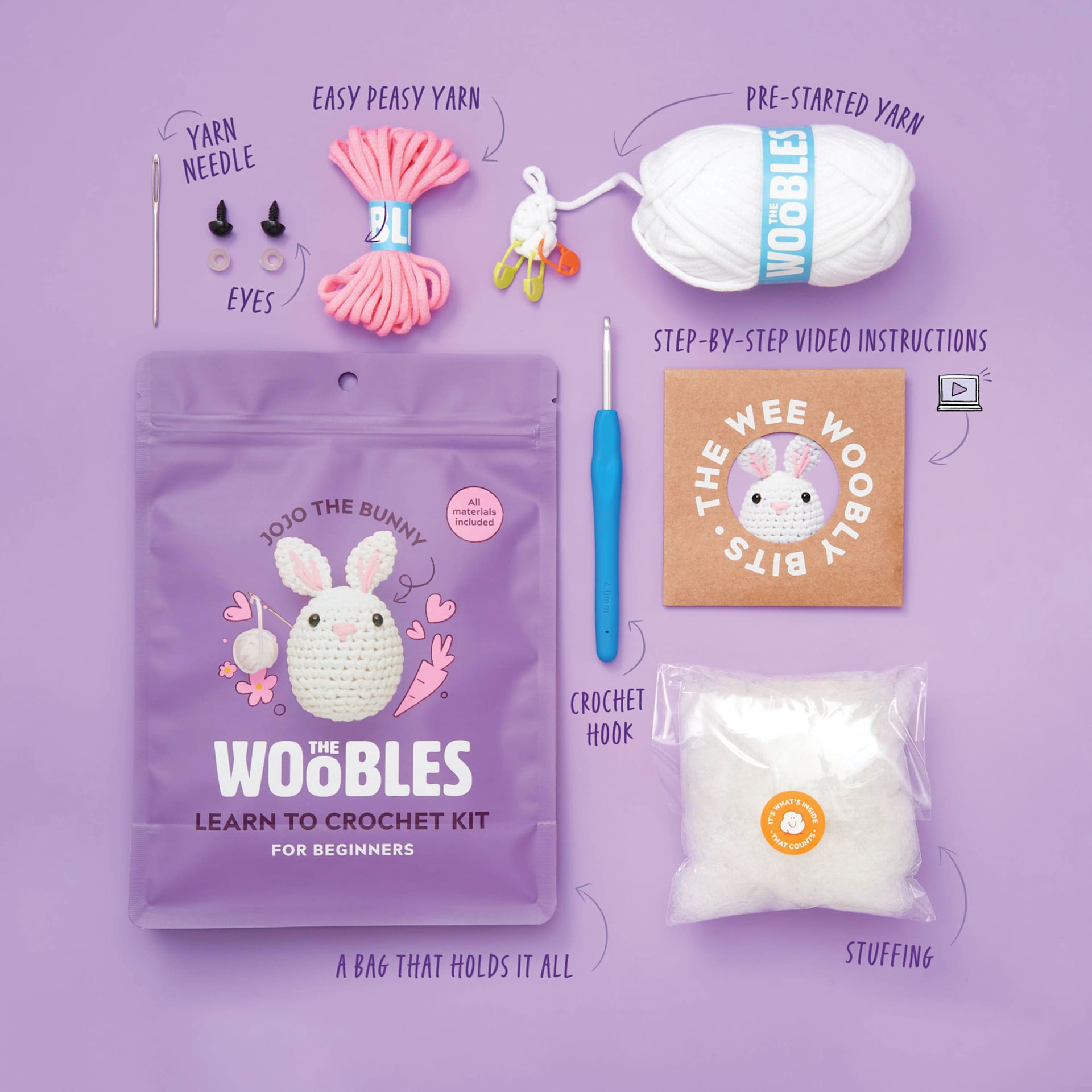The Woobles Beginner Crochet Amigurumi Kit - Bunny, labelled kit contents and packaging