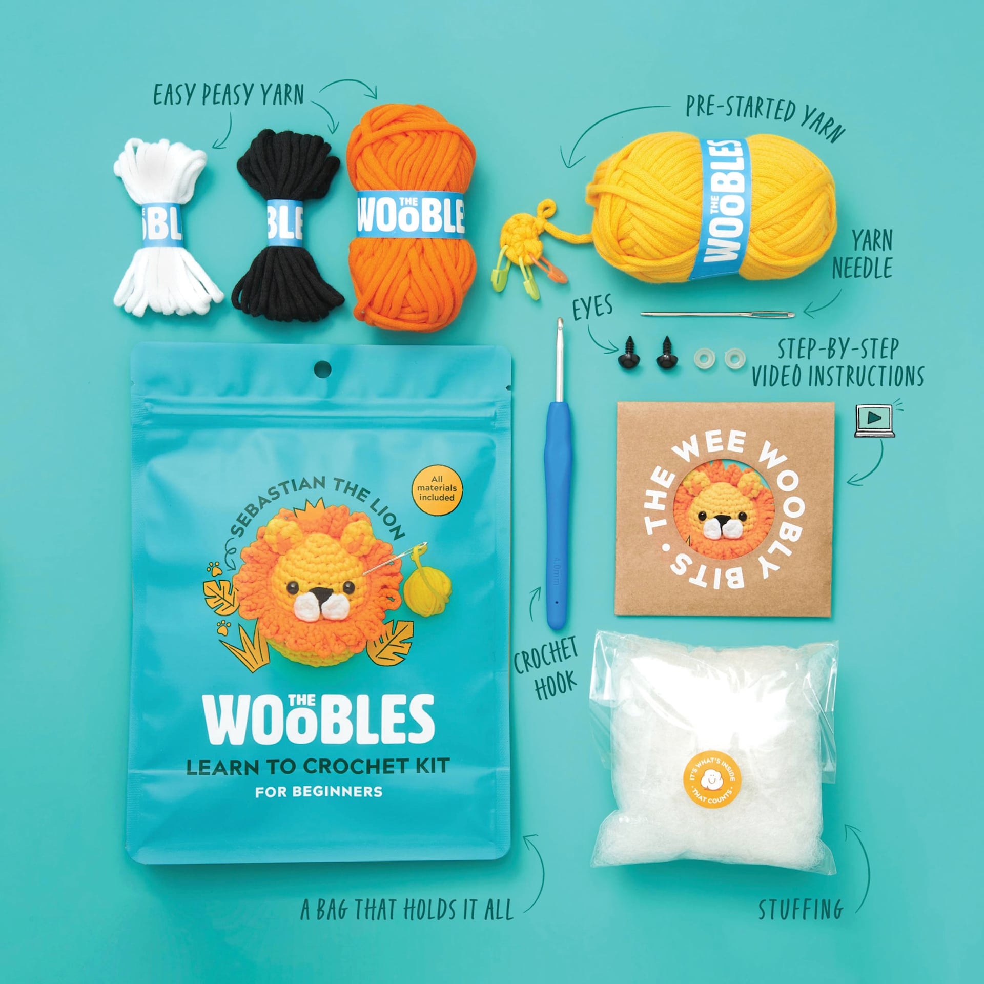 The Woobles Beginner Crochet Amigurumi Kit - Lion, labelled kit contents and packaging