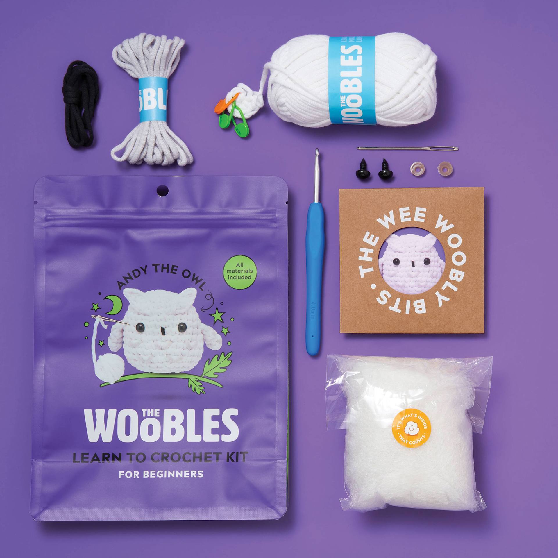 The Woobles Beginner Crochet Amigurumi Kit - Owl contents