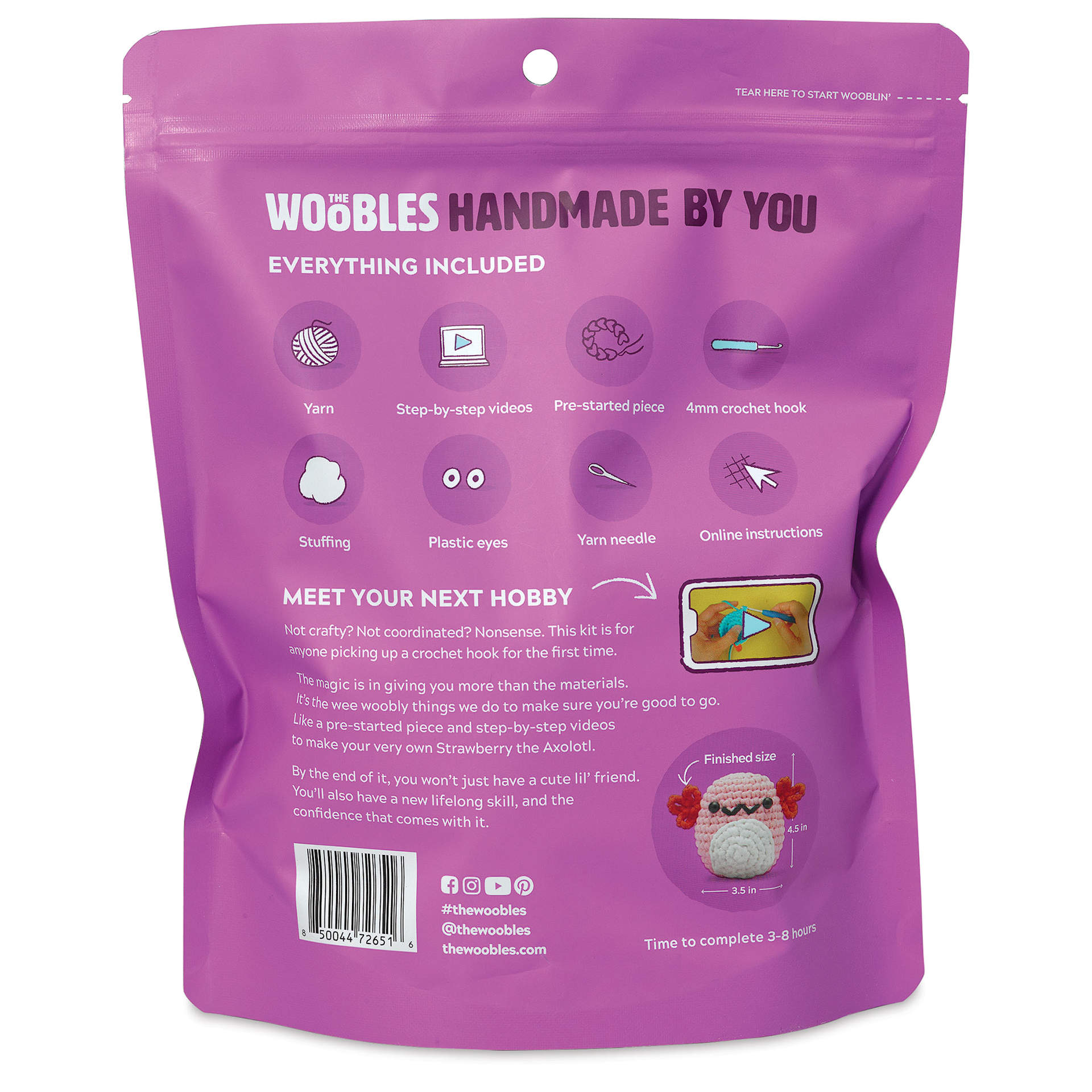 The Woobles Beginner Crochet Amigurumi Kit - Axolotl back of packaging