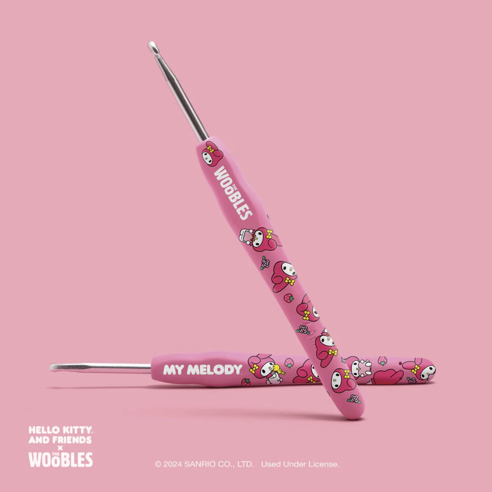 The Woobles Beginner Crochet Amigurumi Kit - My Melody from Hello Kitty - front and back of crochet needle