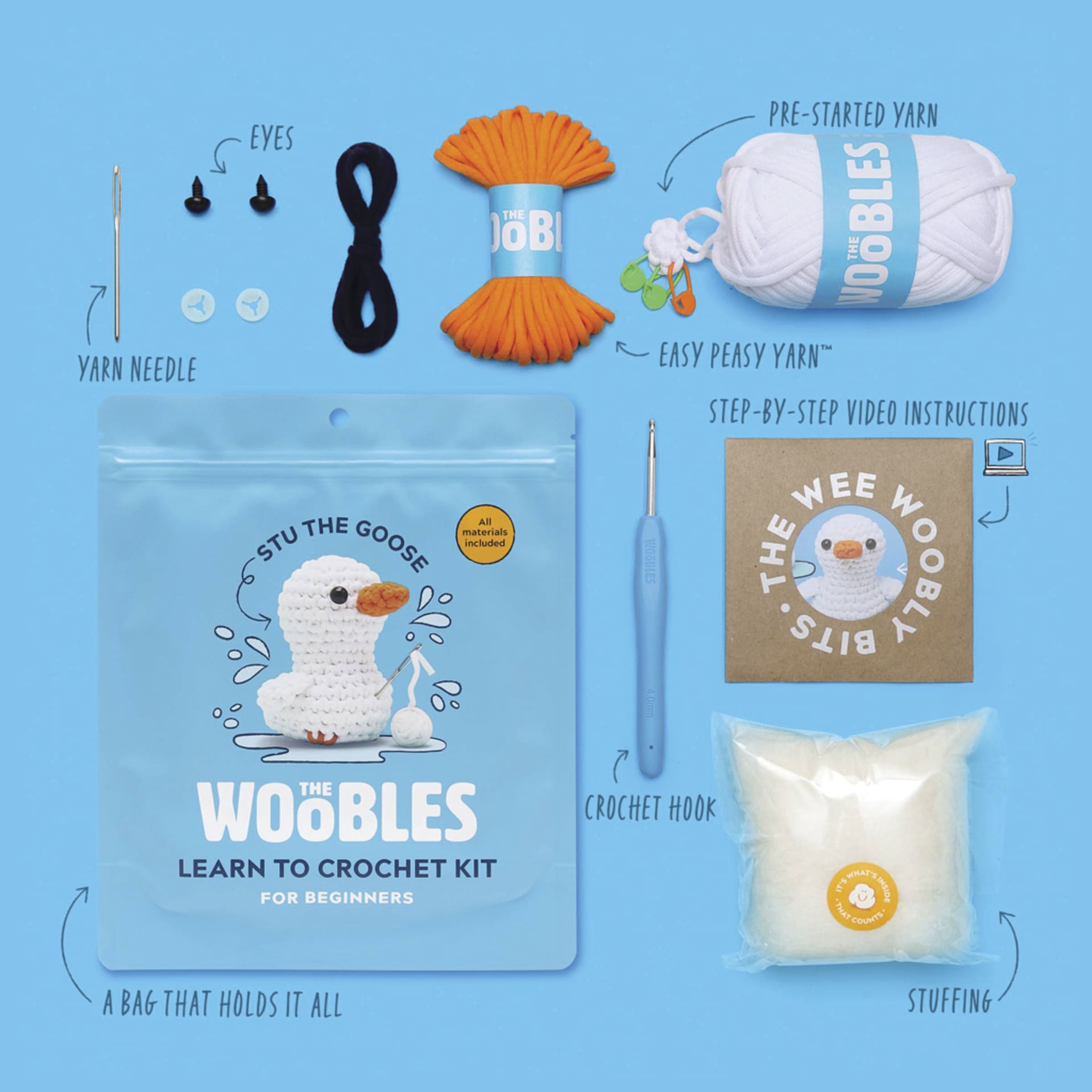 The Woobles Beginner Crochet Amigurumi Kit - Stu the Goose - packaging and contents
