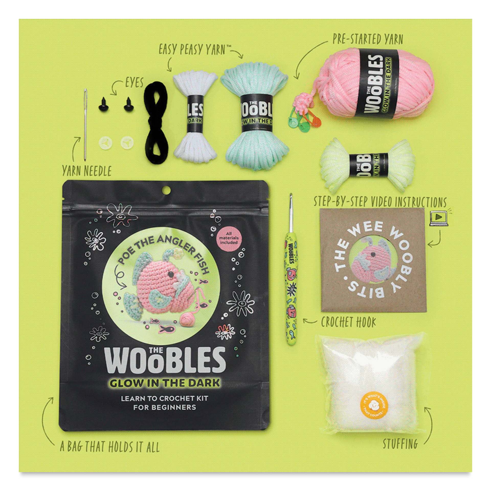 The Woobles Beginner Crochet Amigurumi Kit - Poe the Angler Fish, packaging and contents