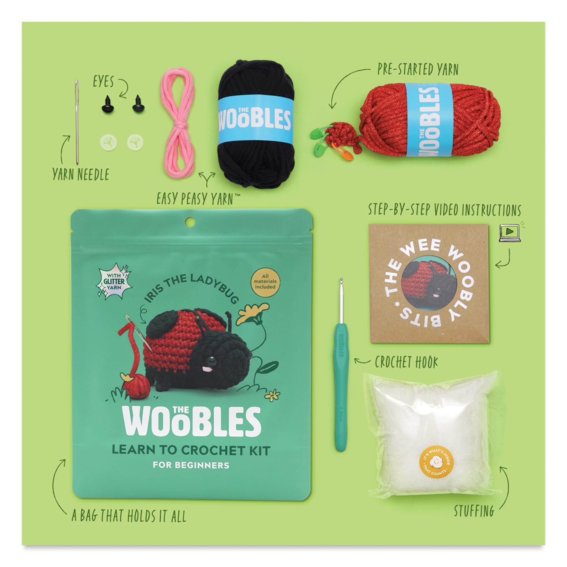 The Woobles Beginner Crochet Amigurumi Kit - Iris the Ladybug, packaging and contents