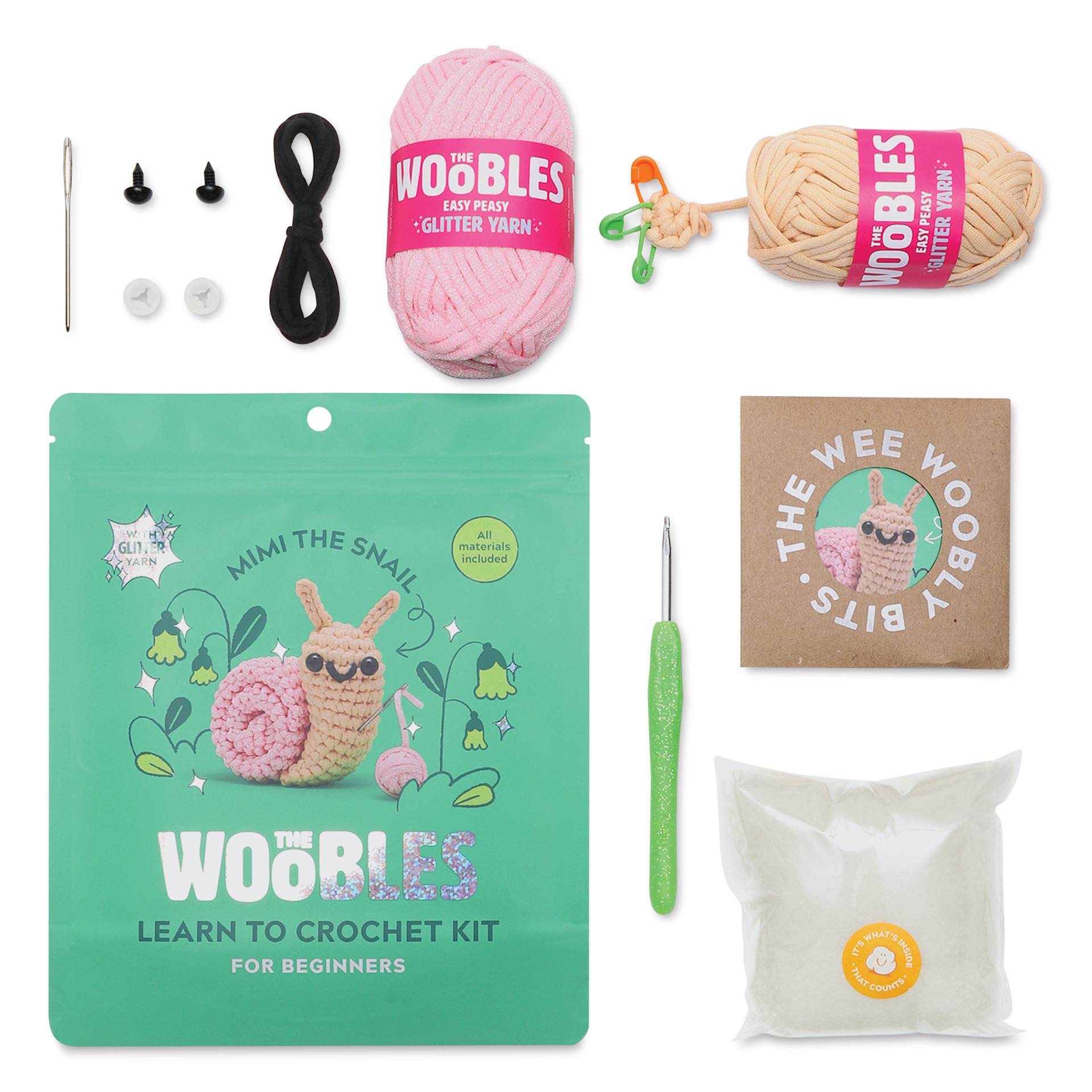 The Woobles Beginner Crochet Amigurumi Kit - Mimi the Snail, packaging and contents