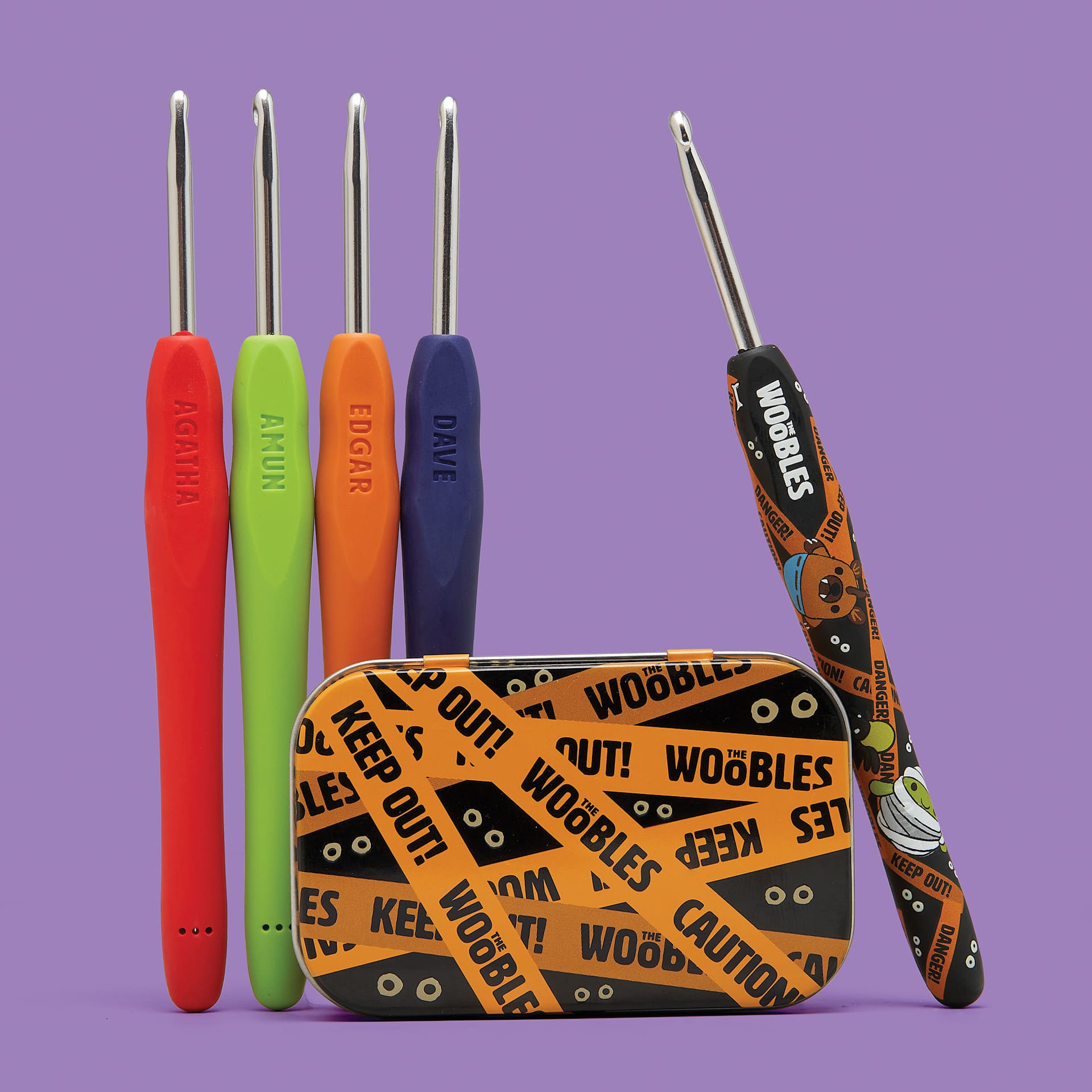 The Woobles Woobly Haunted House Collectors Box -  five crochet hooks and tin