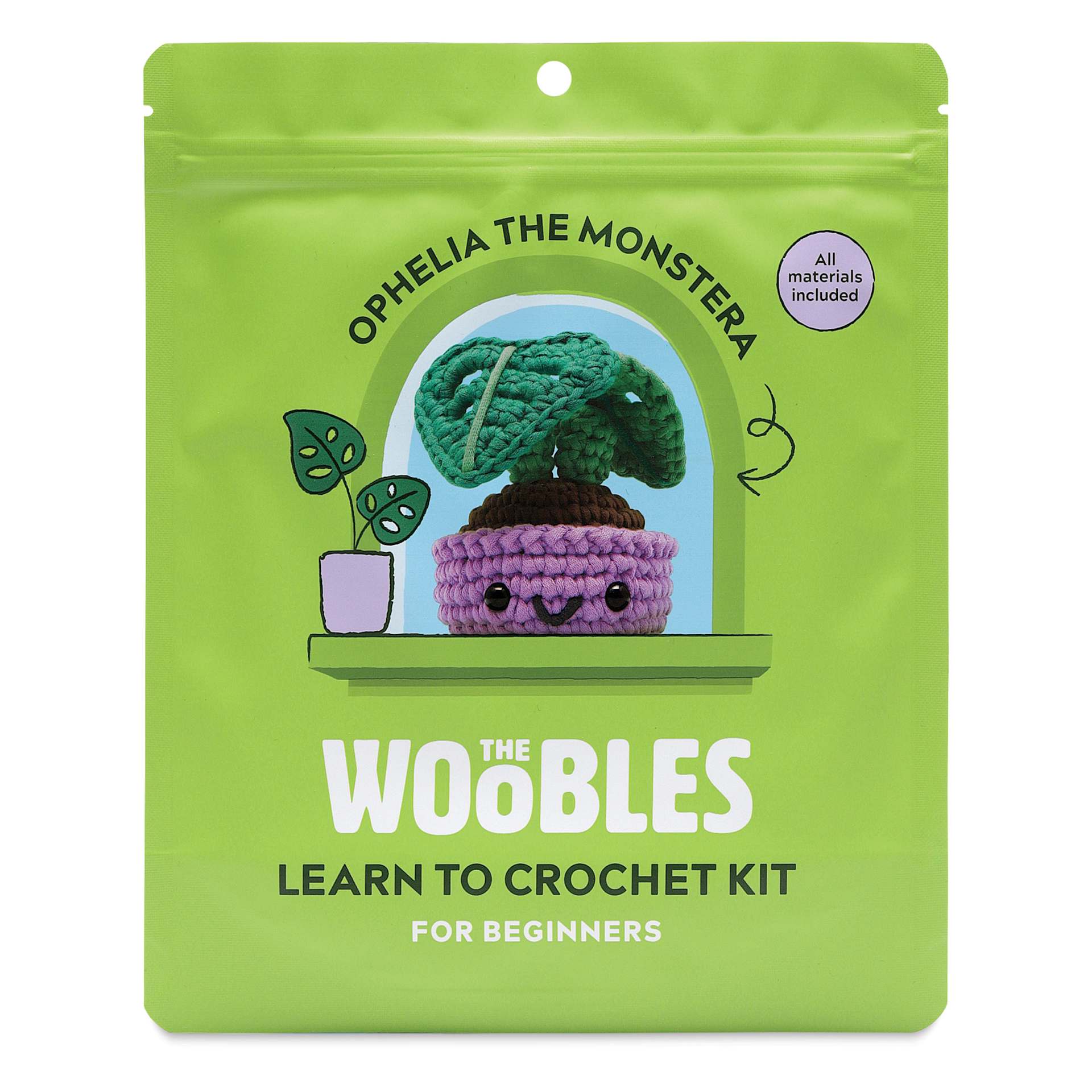 The Woobles Beginner Crochet Amigurumi Kit - Ophelia the Monstera front of packaging