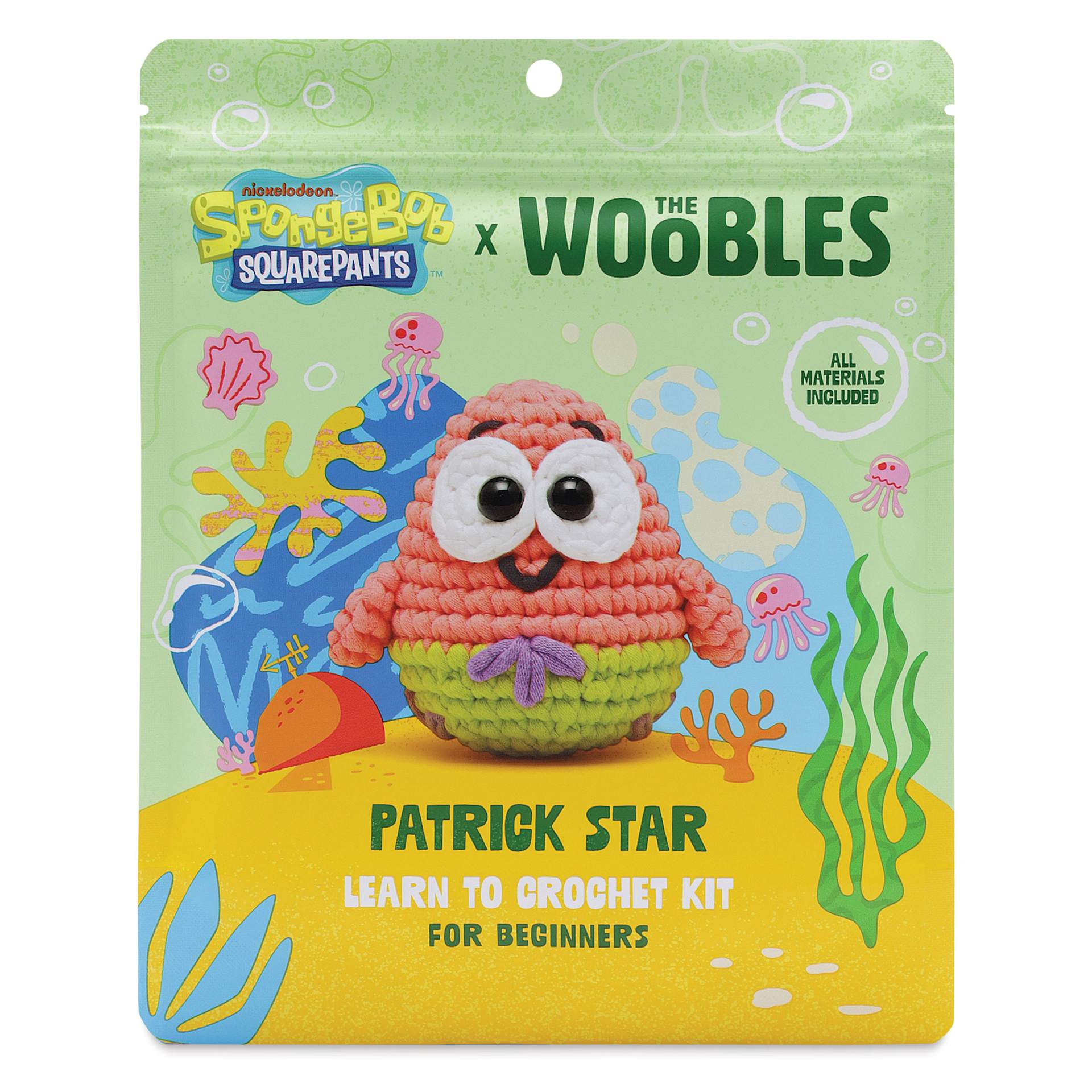 The Woobles Beginner Crochet Amigurumi Kit - Patrick Star front of packaging