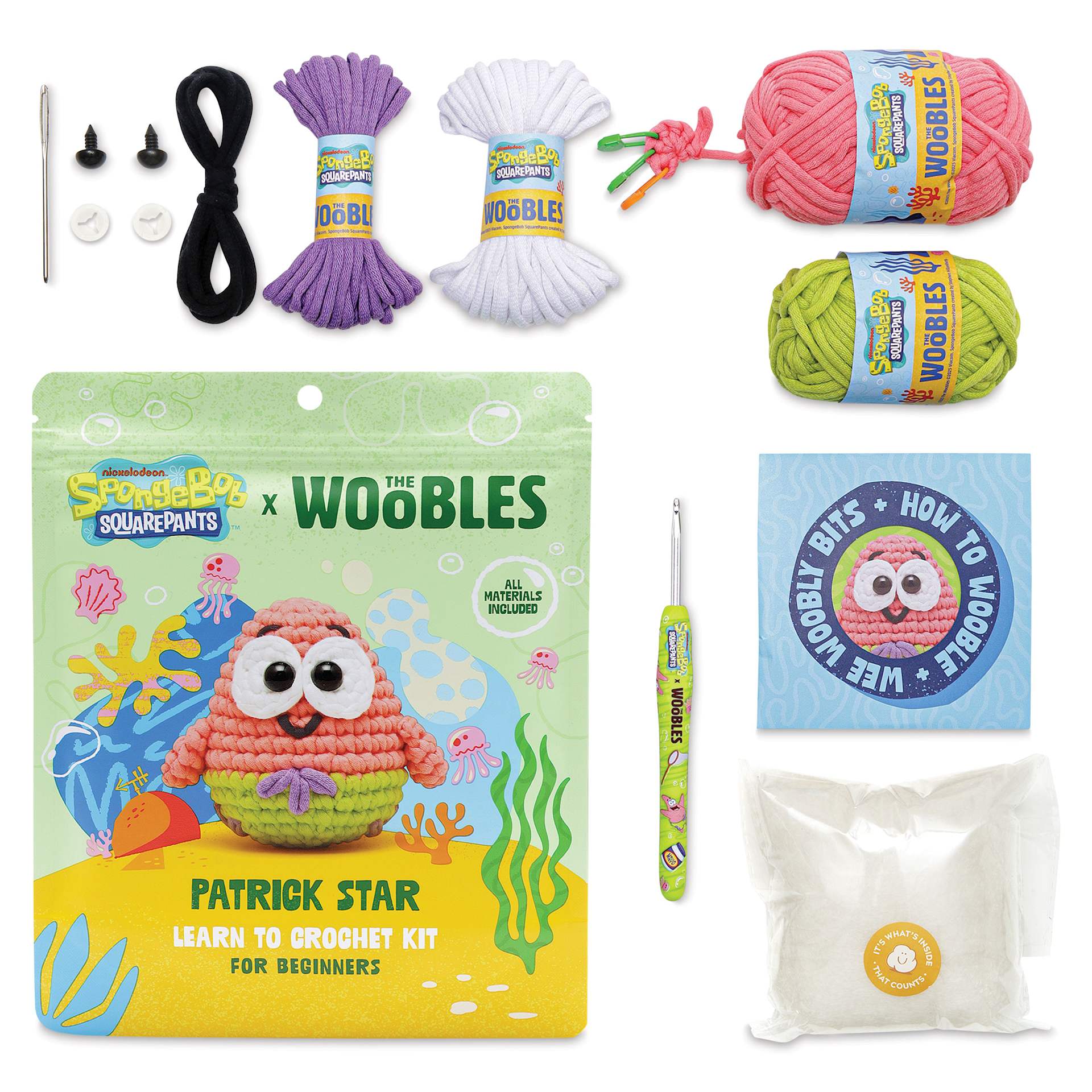 The Woobles Beginner Crochet Amigurumi Kit - Patrick Star contents with packaging