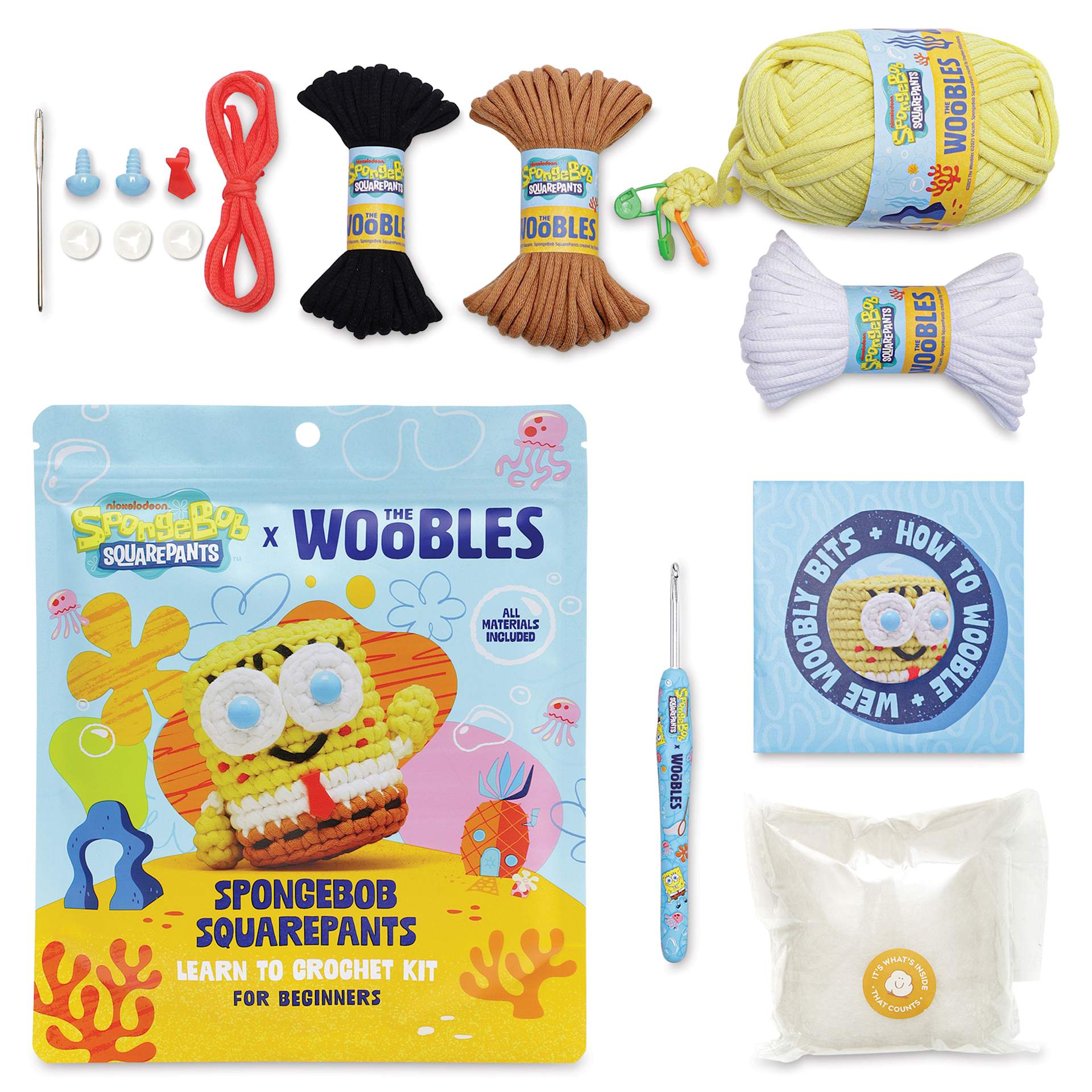 The Woobles Beginner Crochet Amigurumi Kit - SpongeBob Squarepants contents and packaging