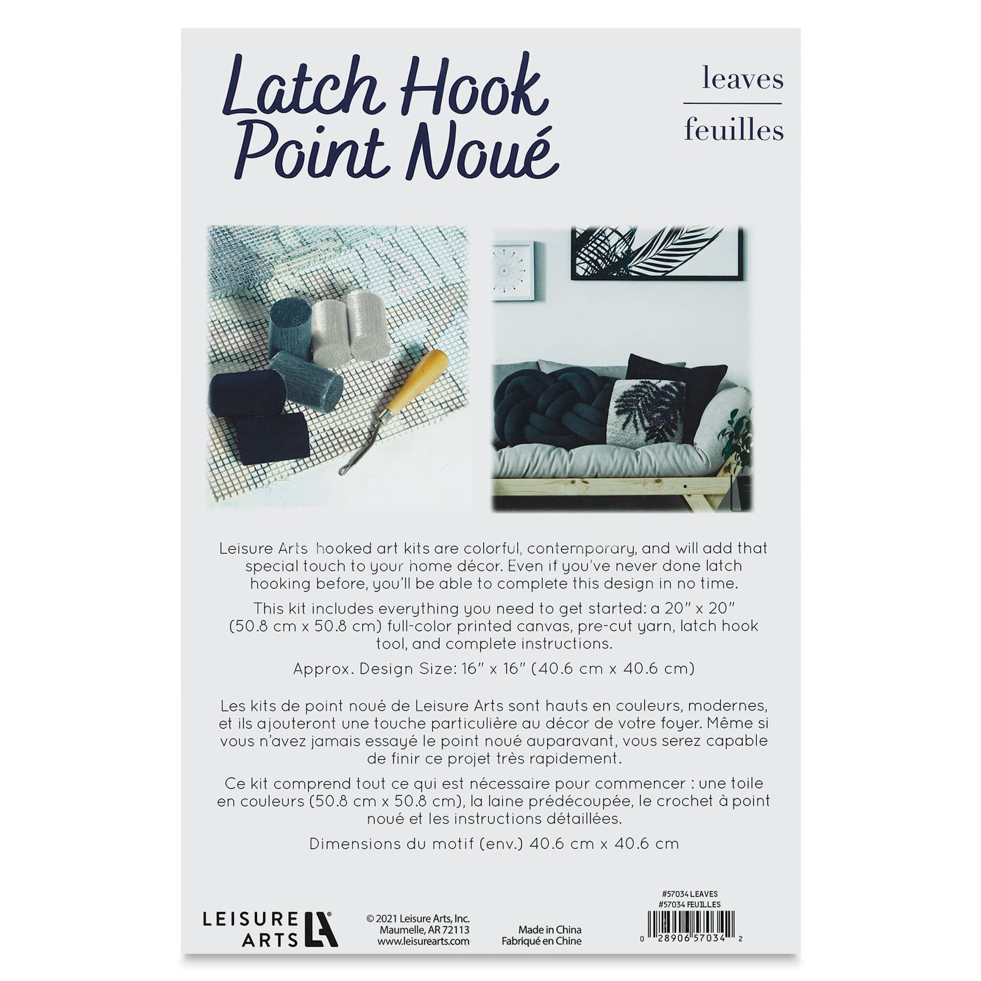 Leisure Arts Latch Hook Kit - Leaves, back of the packaging