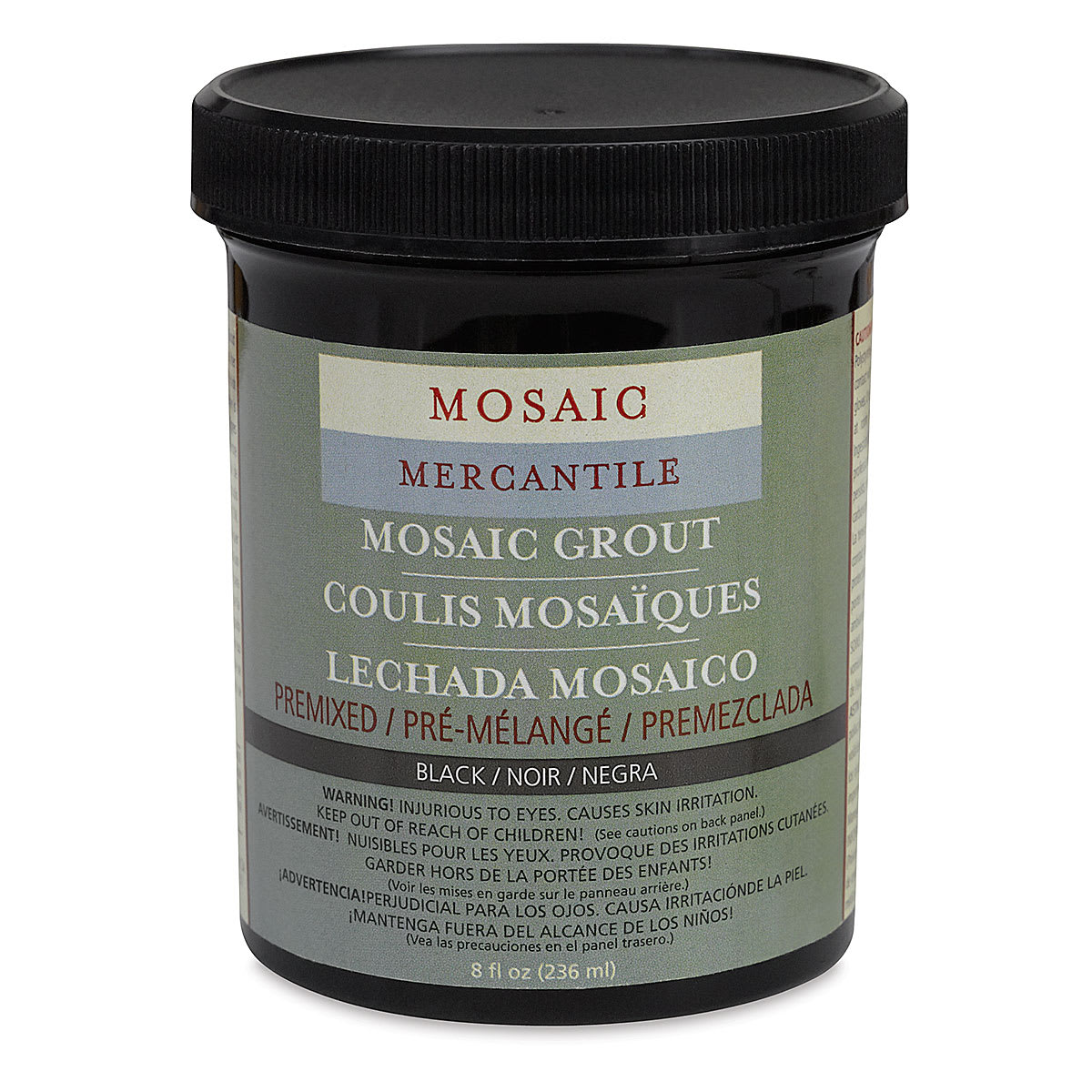 Mosaic Mercantile Pre-mixed Tile Grout - Front of 8 oz jar of Black Grout