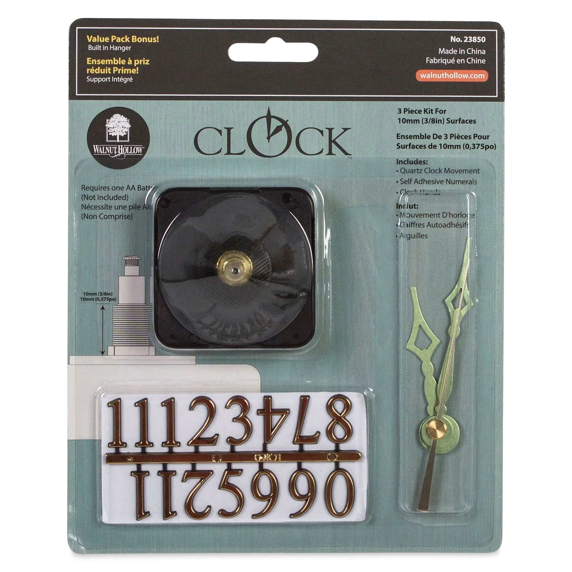 Walnut Hollow 3-Piece Clock Movement Kits - For 3/8" Surface front of packaging