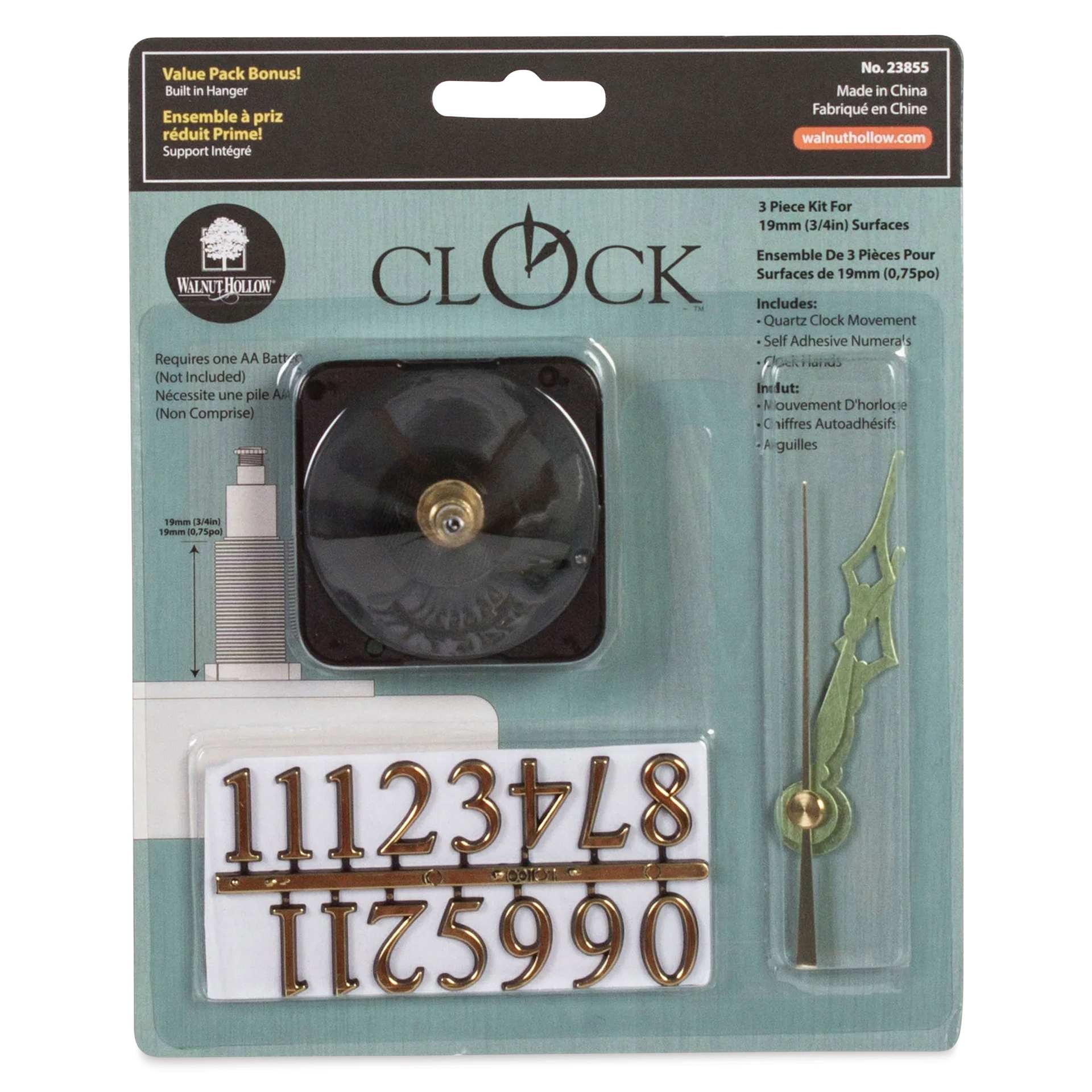 Walnut Hollow 3-Piece Clock Movement Kits - For 3/4" Surface front of packaging