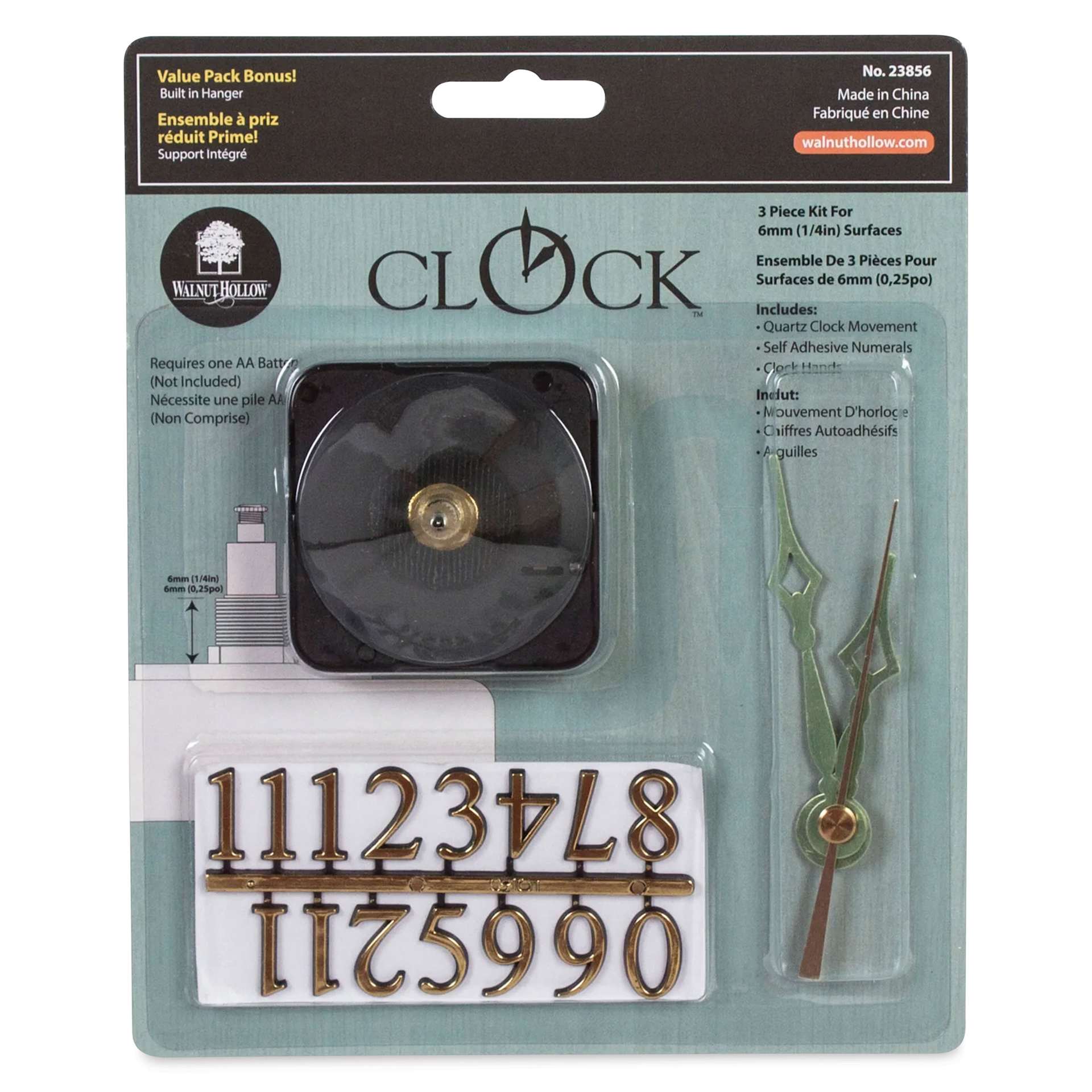 Walnut Hollow 3-Piece Clock Movement Kit - For 1/4" Surface front of packaging